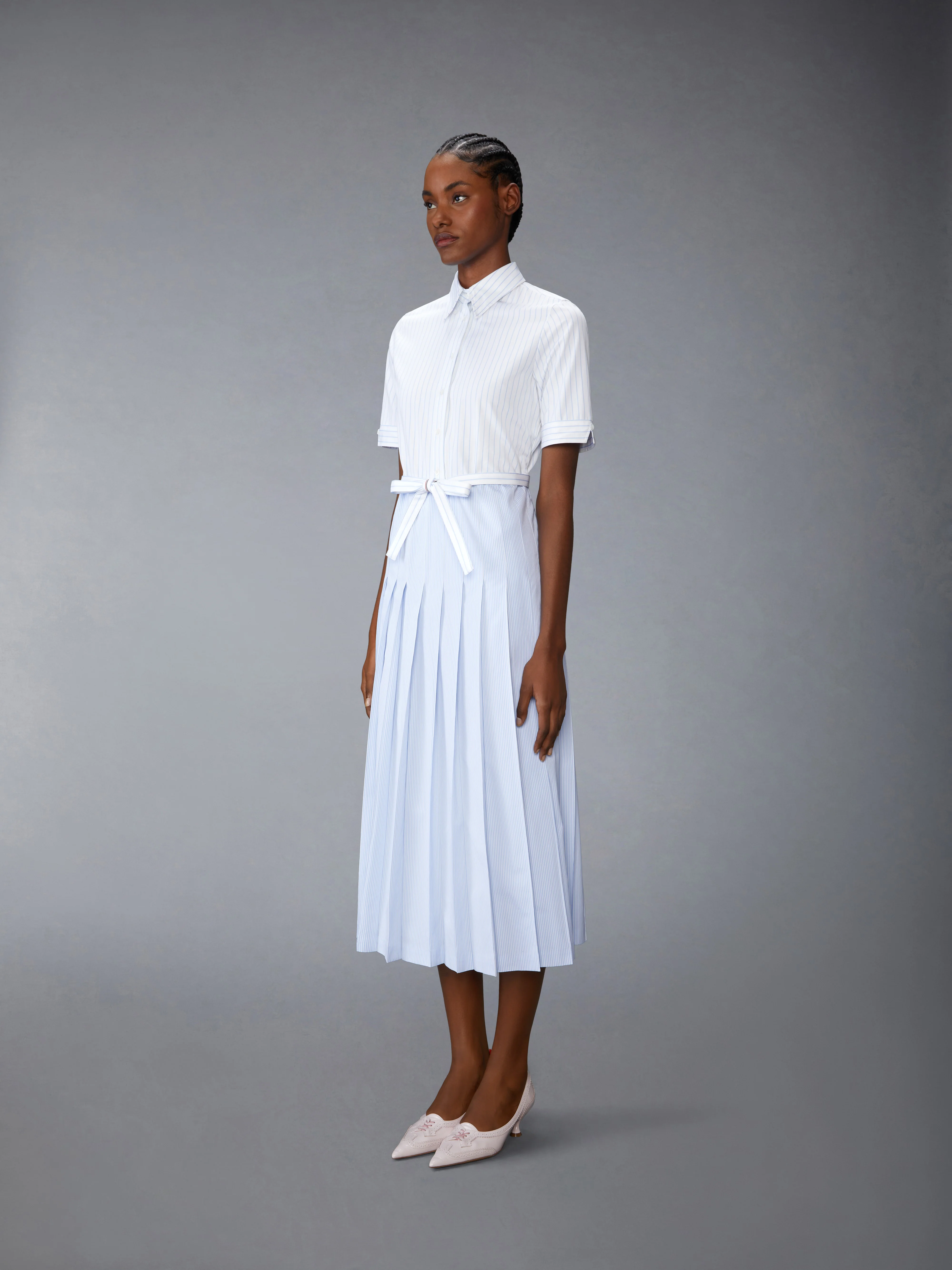 PINSTRIPE POPLIN BELTED PLEATED SHIRTDRESS