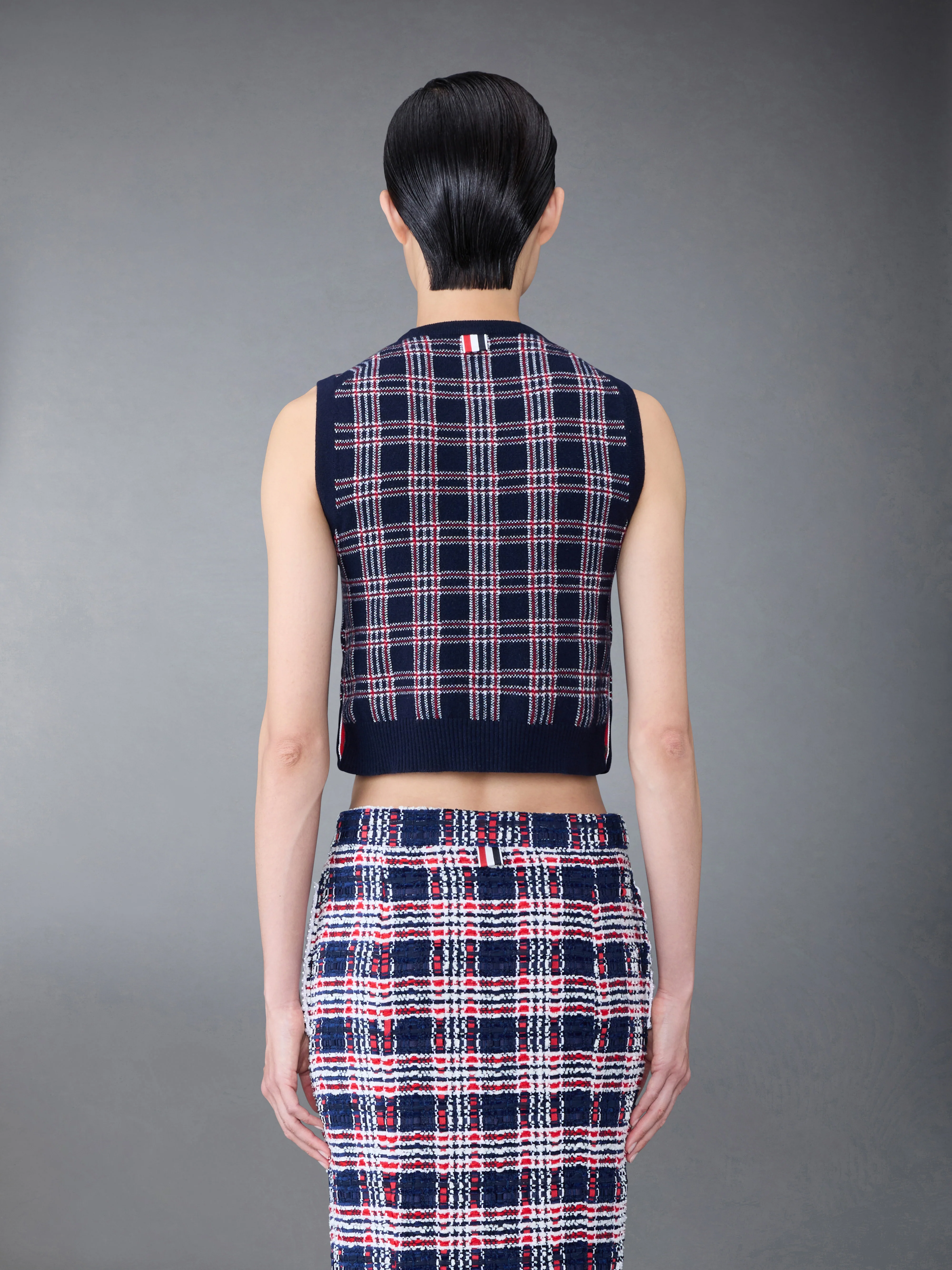 Prince of Wales Cashmere Cropped Crew Neck Shell Top