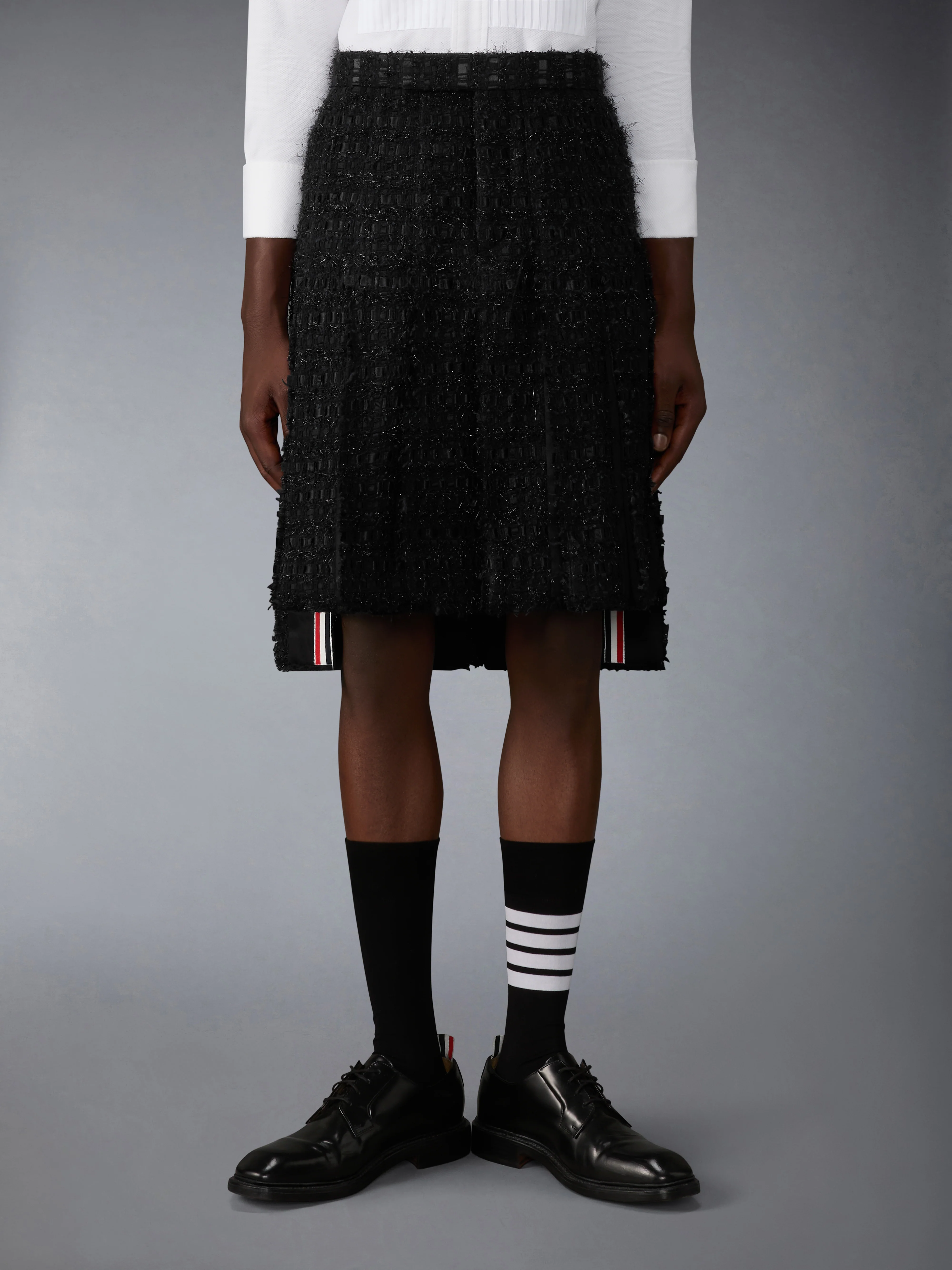 SATIN RIBBON TWEED FRAYED PLEATED SKIRT