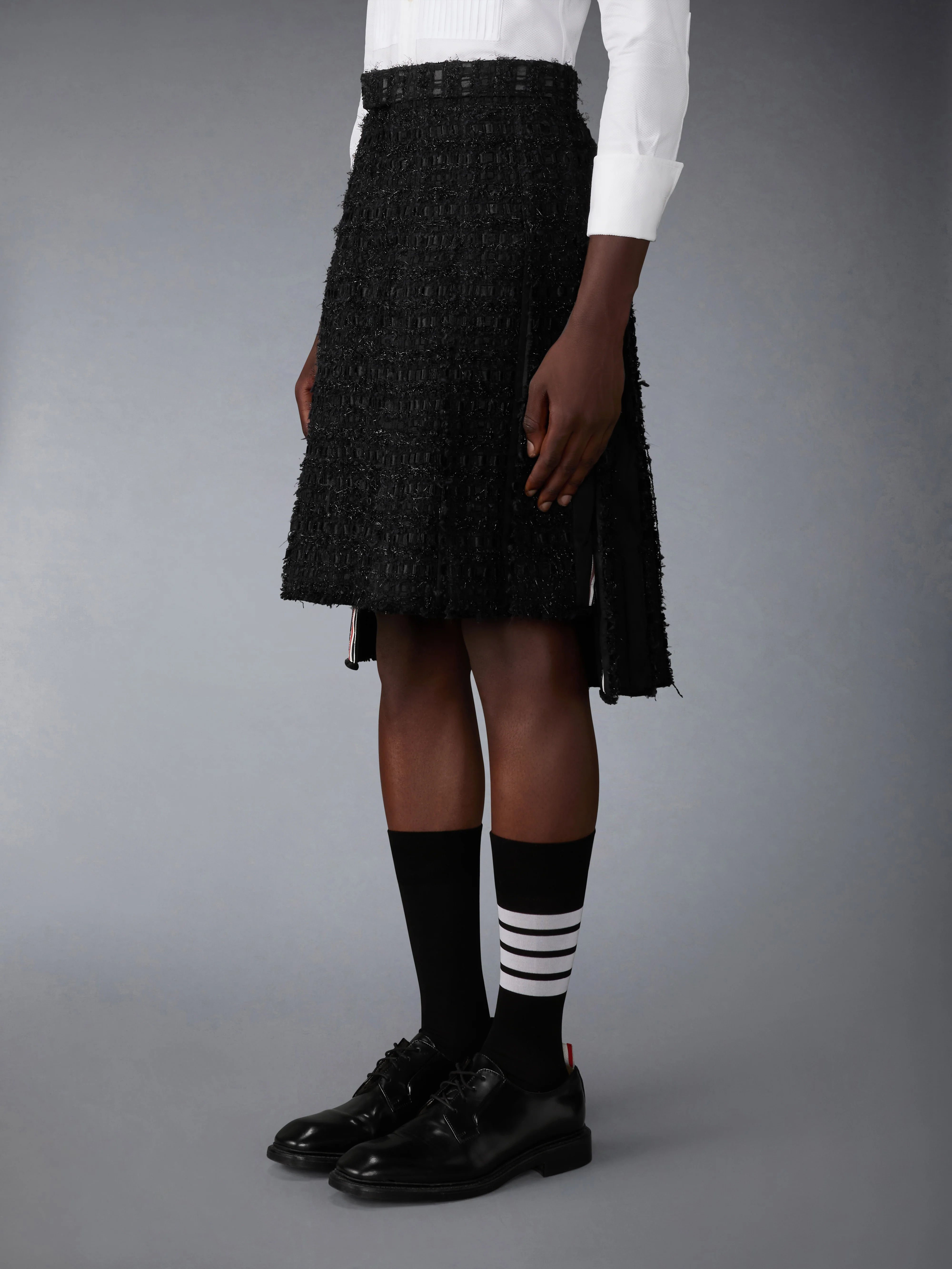 SATIN RIBBON TWEED FRAYED PLEATED SKIRT