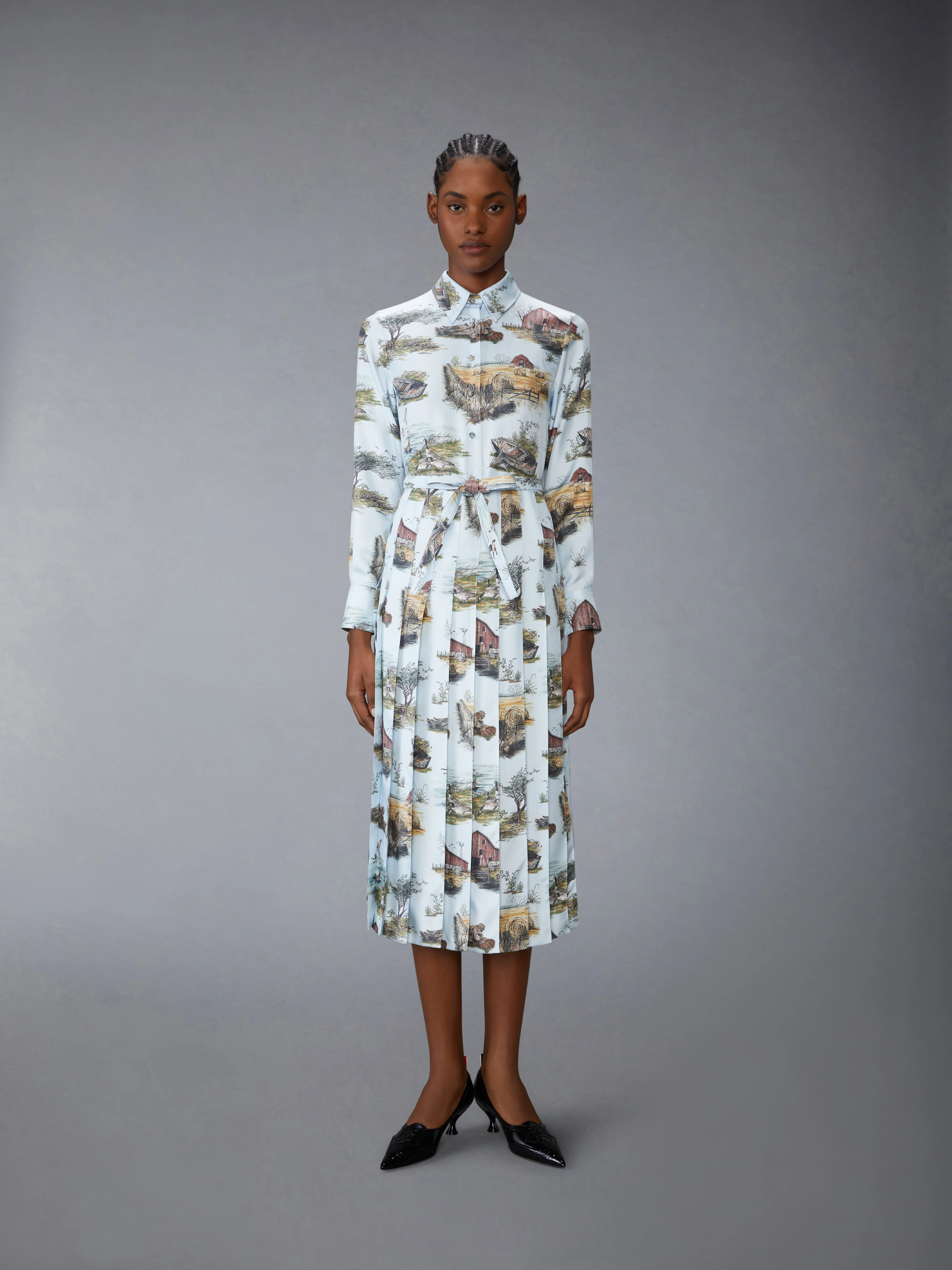 SCENIC TOILE SILK TWILL PLEATED SHIRTDRESS
