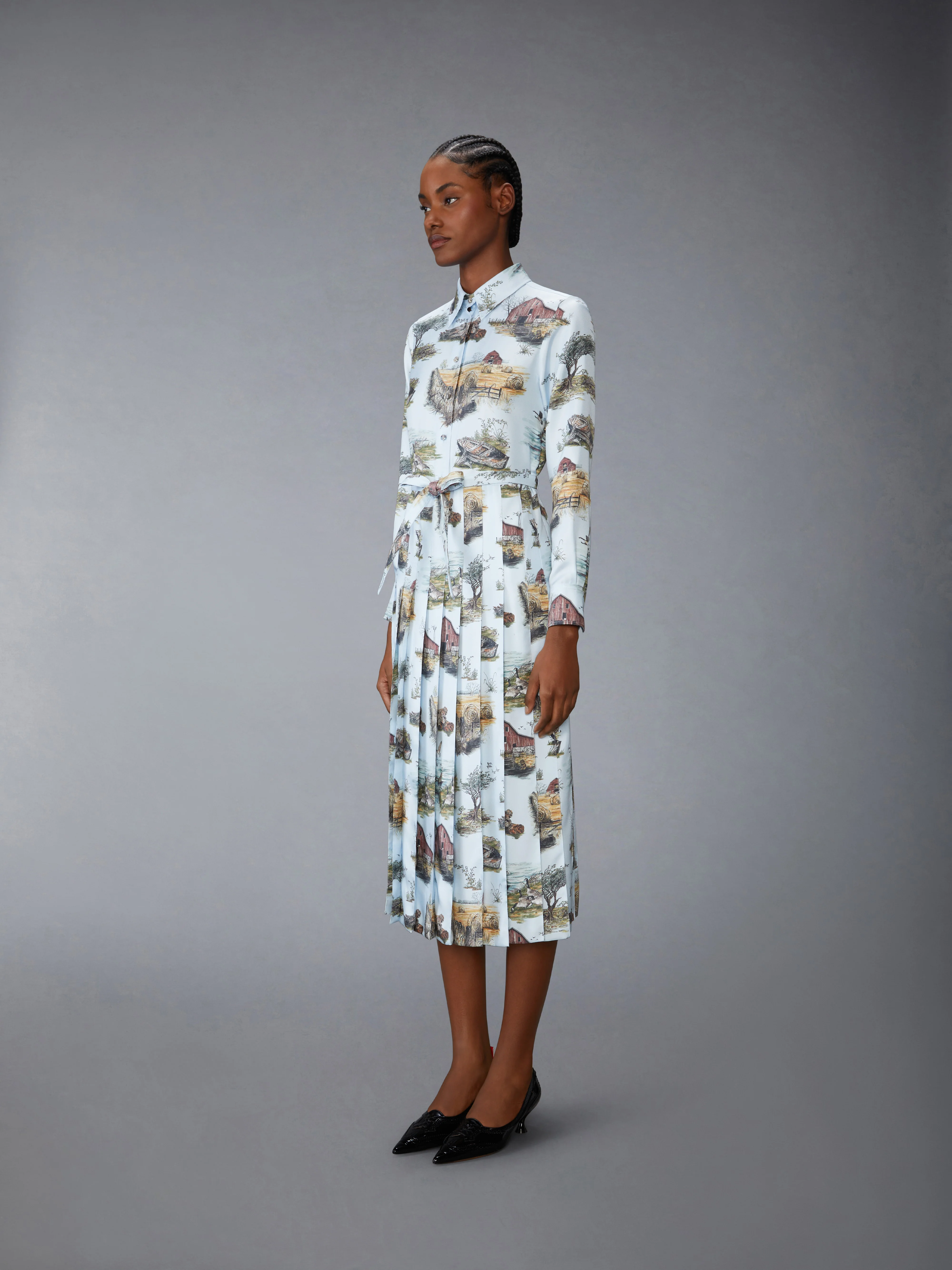 SCENIC TOILE SILK TWILL PLEATED SHIRTDRESS