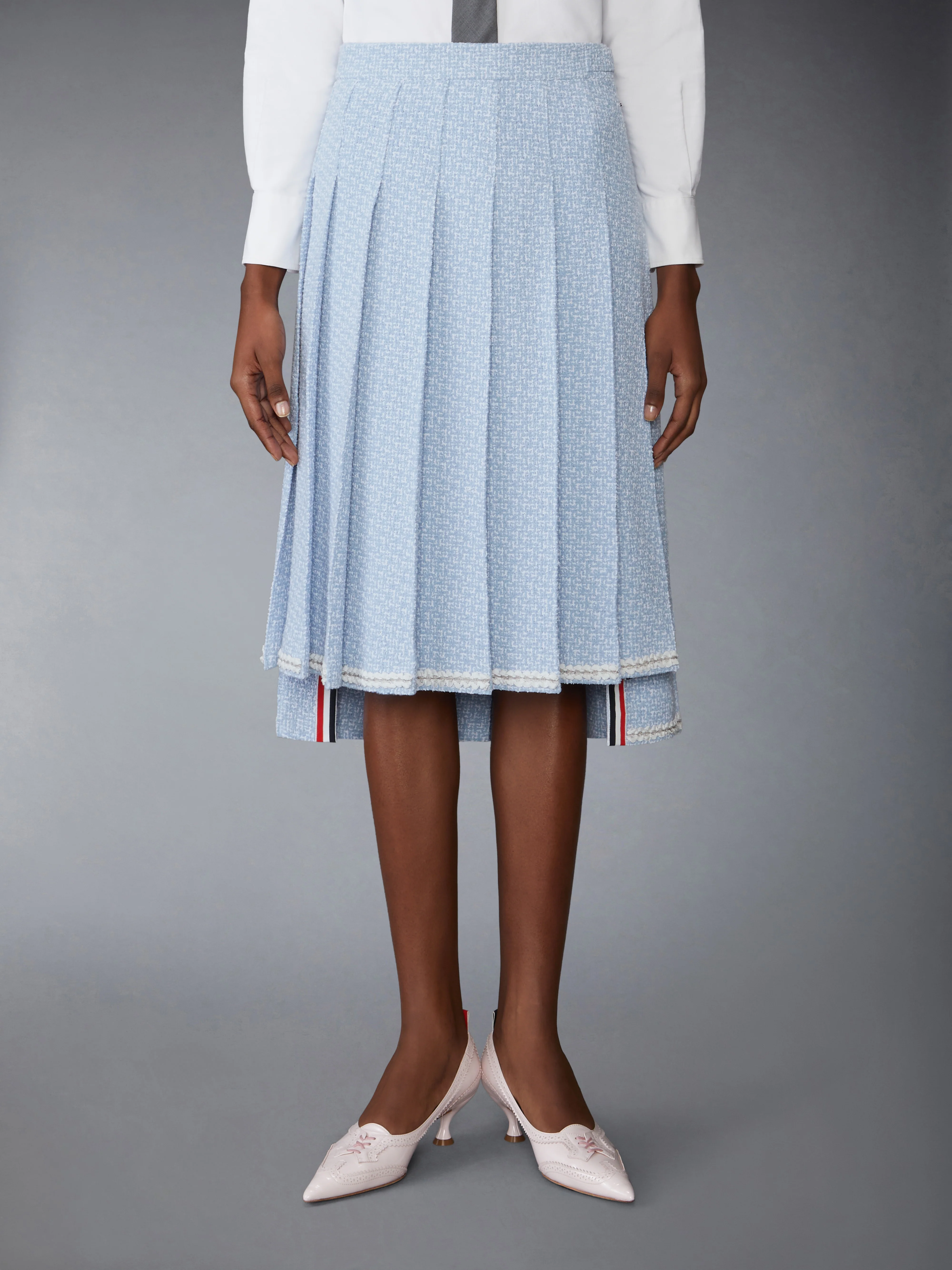 SOLID TWEED KNEE LENGTH PLEATED SKIRT