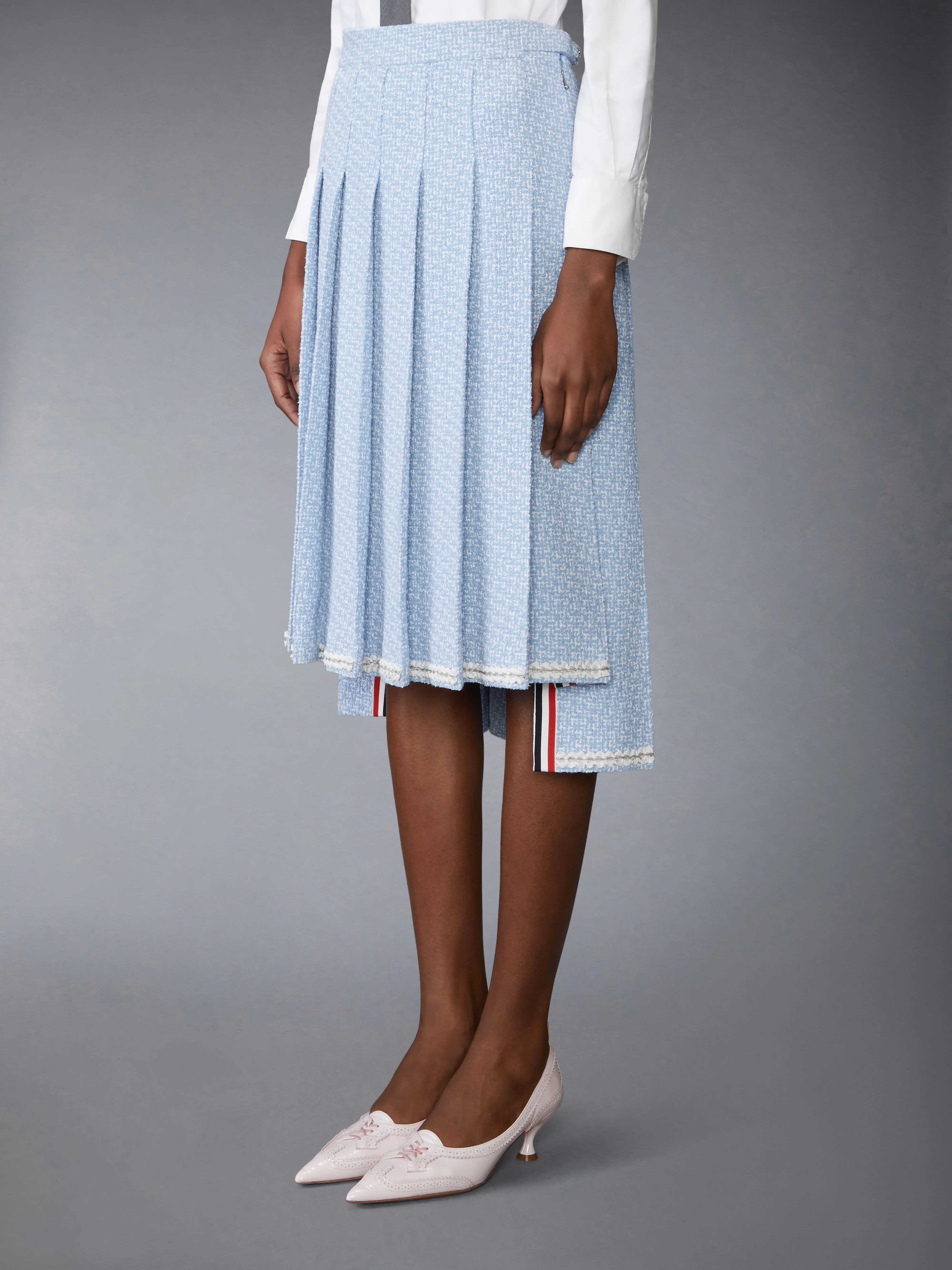 SOLID TWEED KNEE LENGTH PLEATED SKIRT