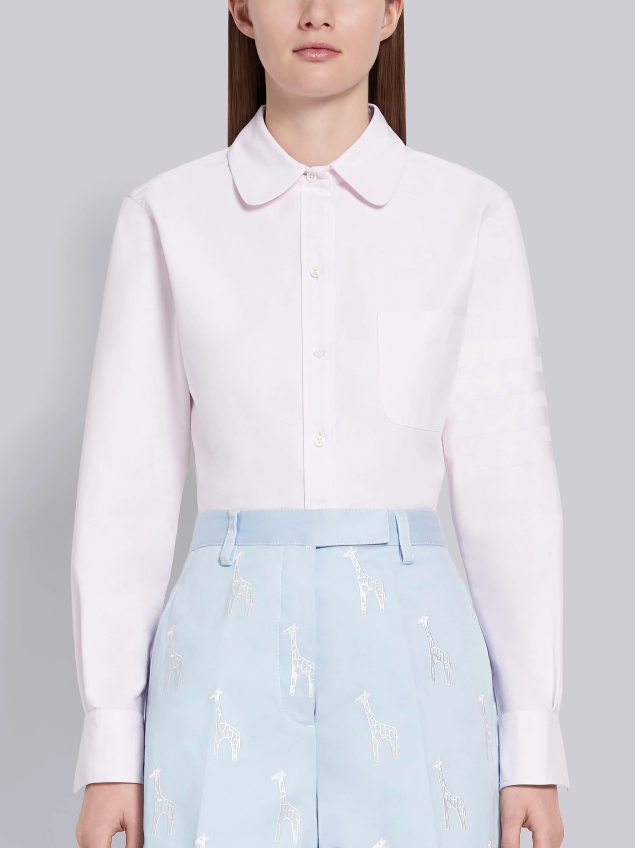 SUPIMA COTTON OXFORD SATIN WEAVE 4-BAR LONG SLEEVE ROUND COLLAR SHIRT