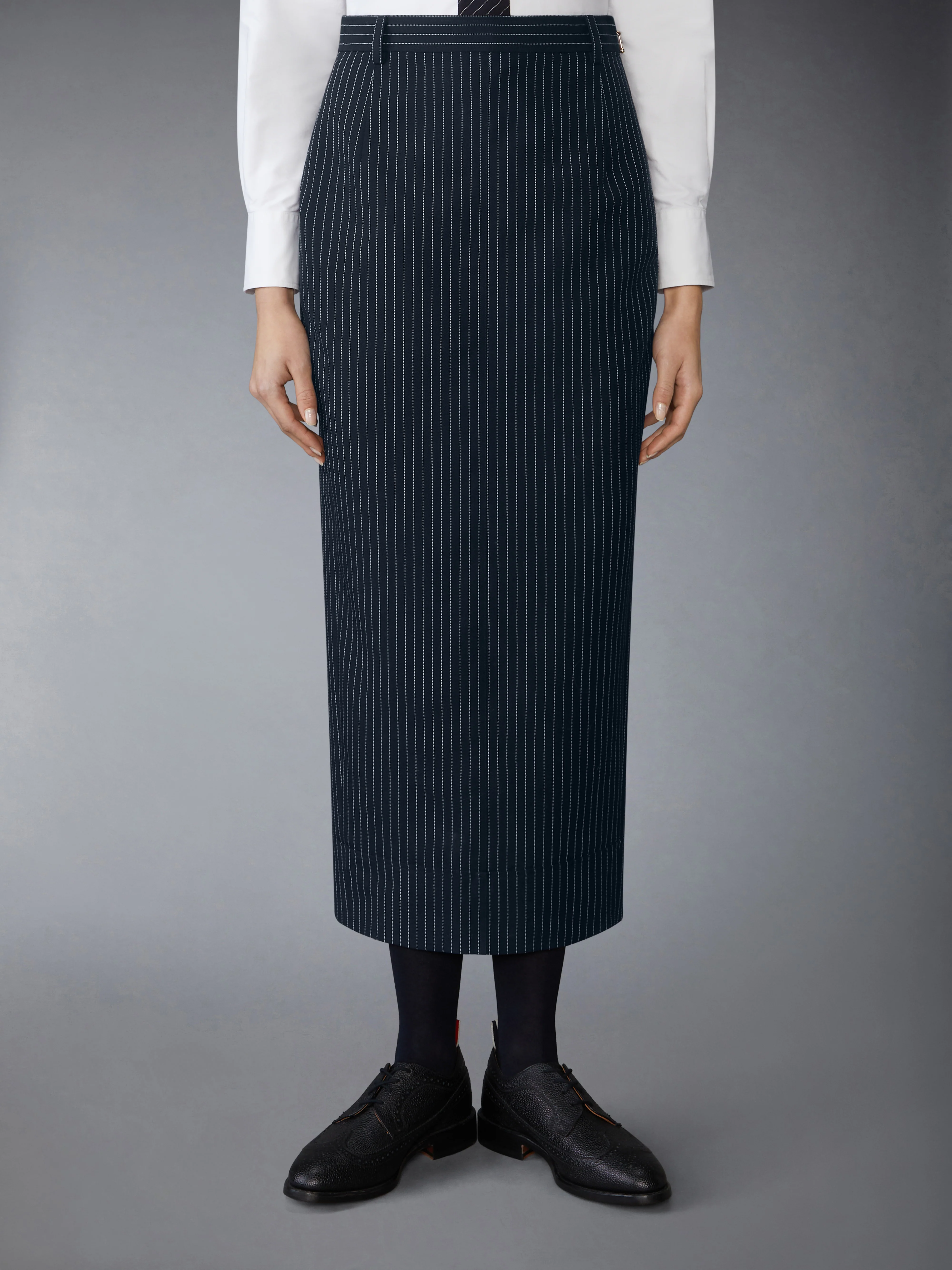 PINSTRIPE HIGH TWIST WOOL HIGH WAISTED PENCIL SKIRT