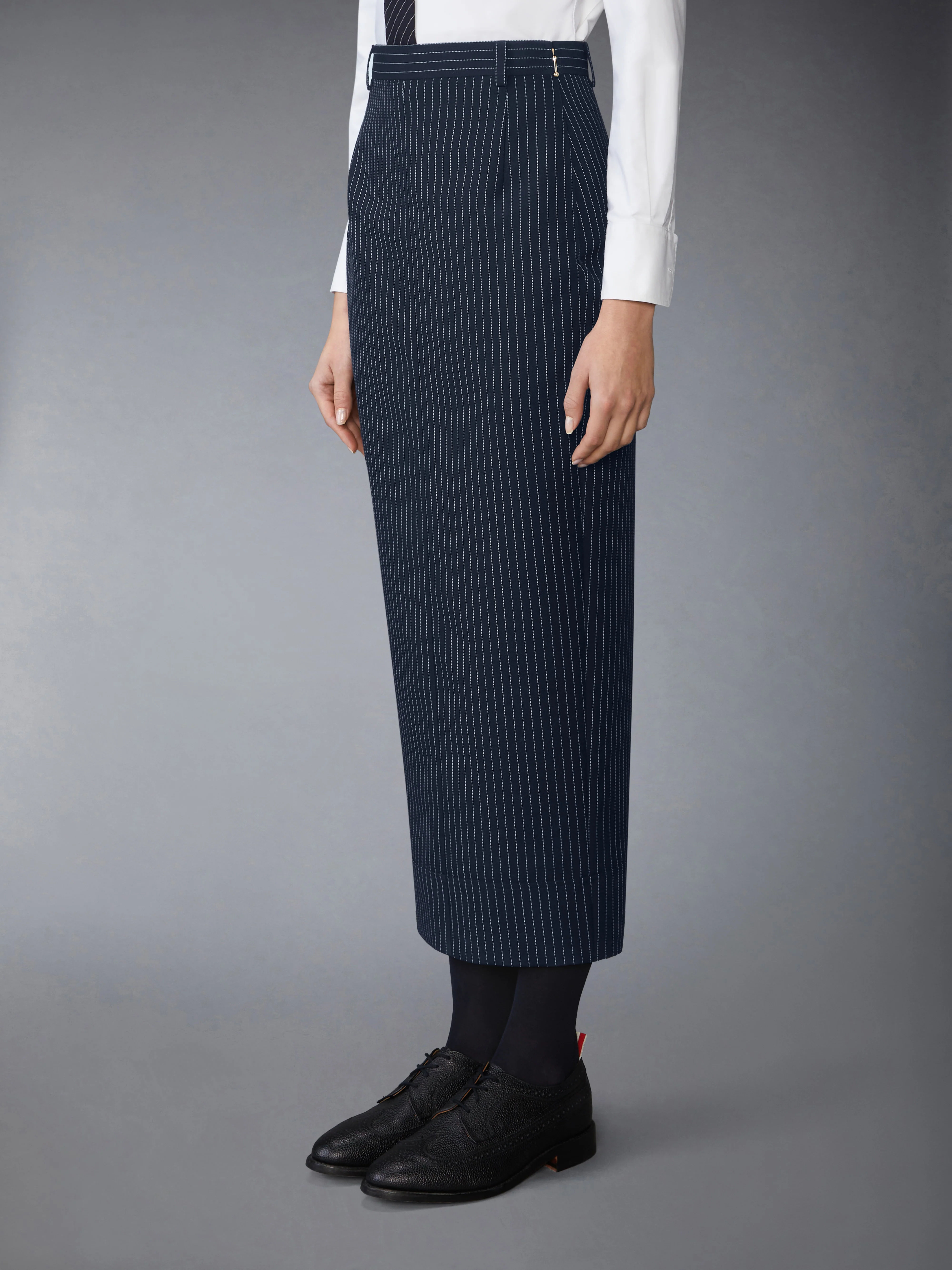 PINSTRIPE HIGH TWIST WOOL HIGH WAISTED PENCIL SKIRT