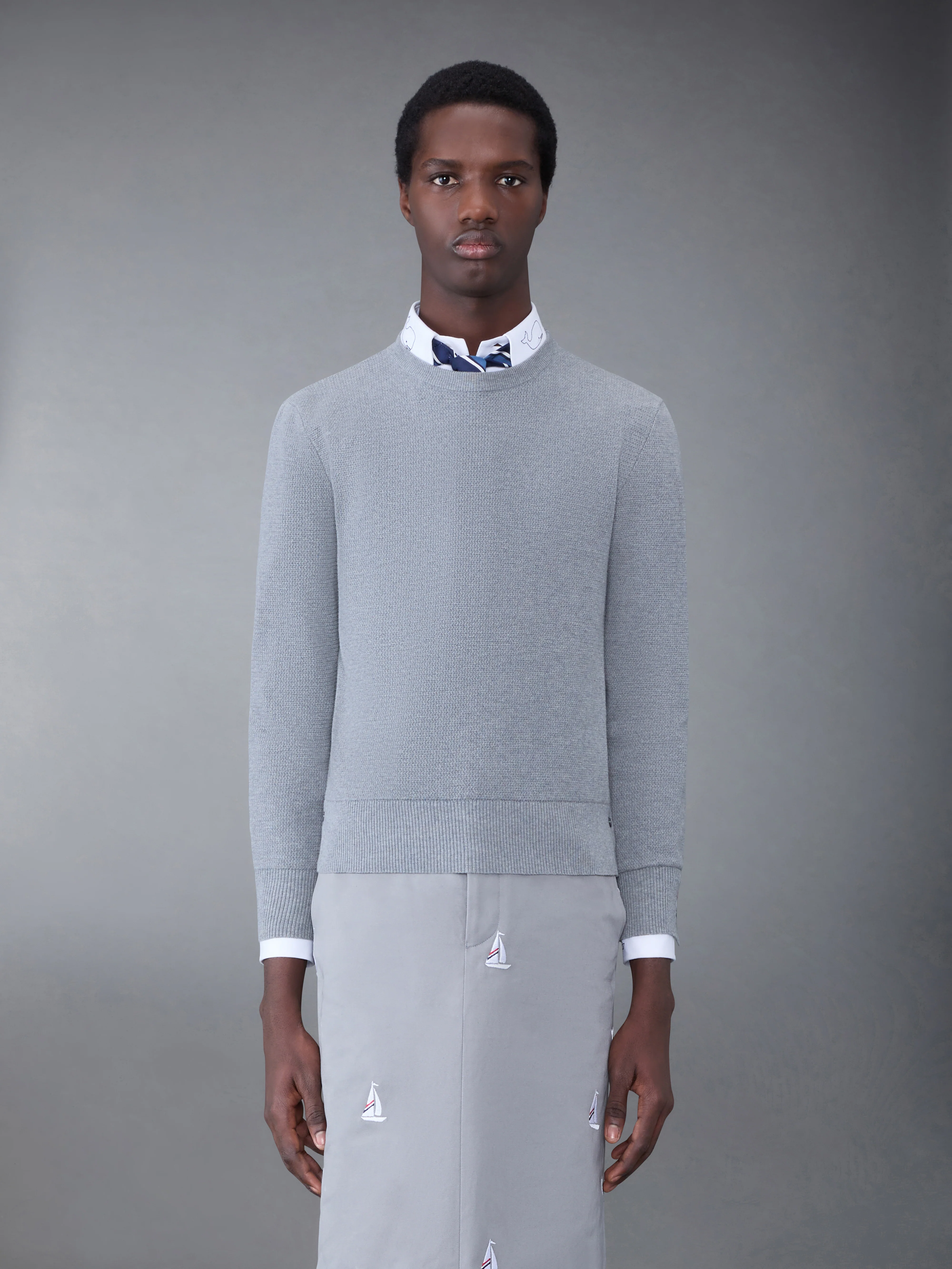 Textured Cotton Stripe Crew Neck Pullover