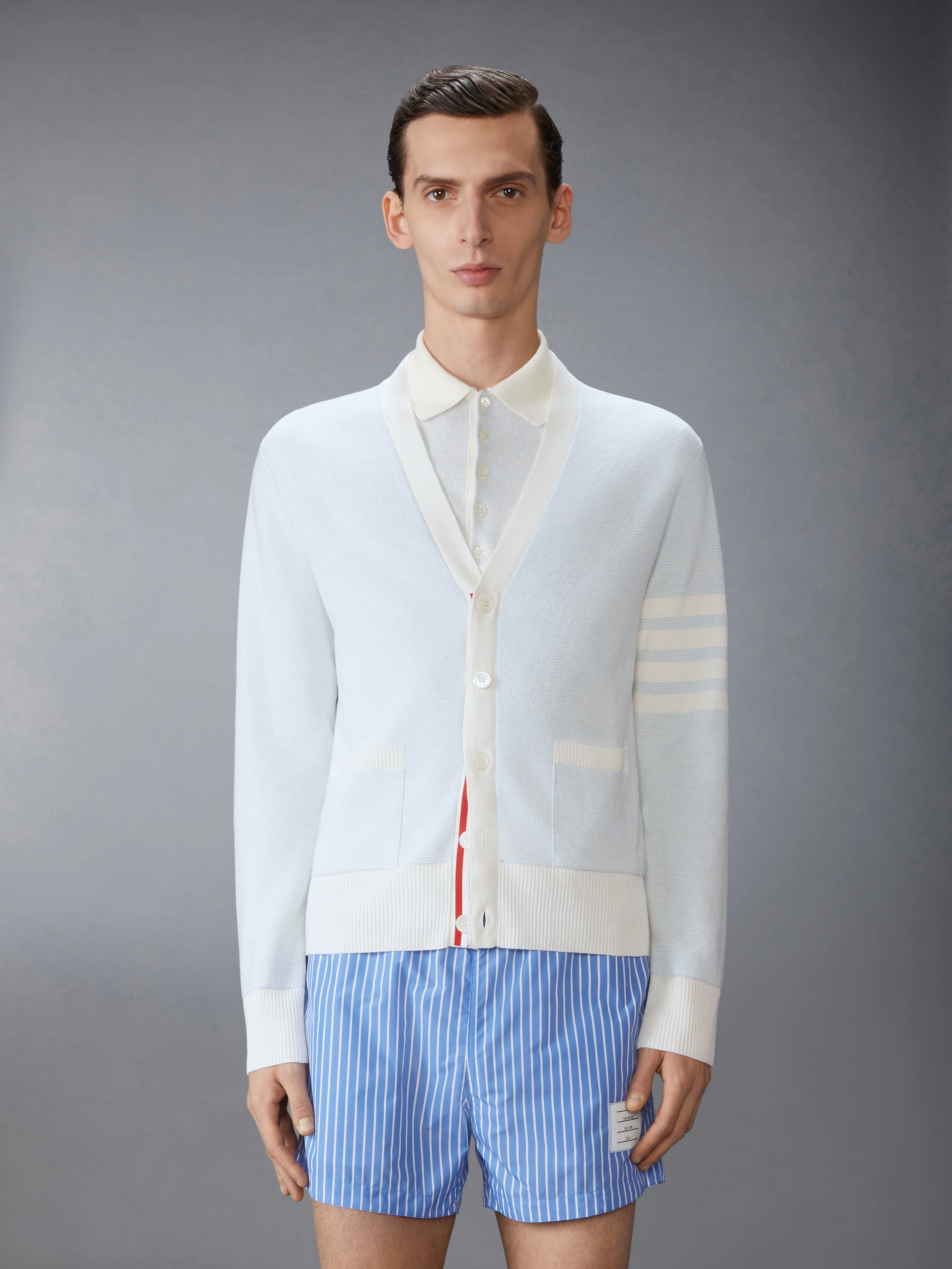 TEXTURED STRIPED STITCH 4-BAR RELAXED FIT V NECK CARDIGAN