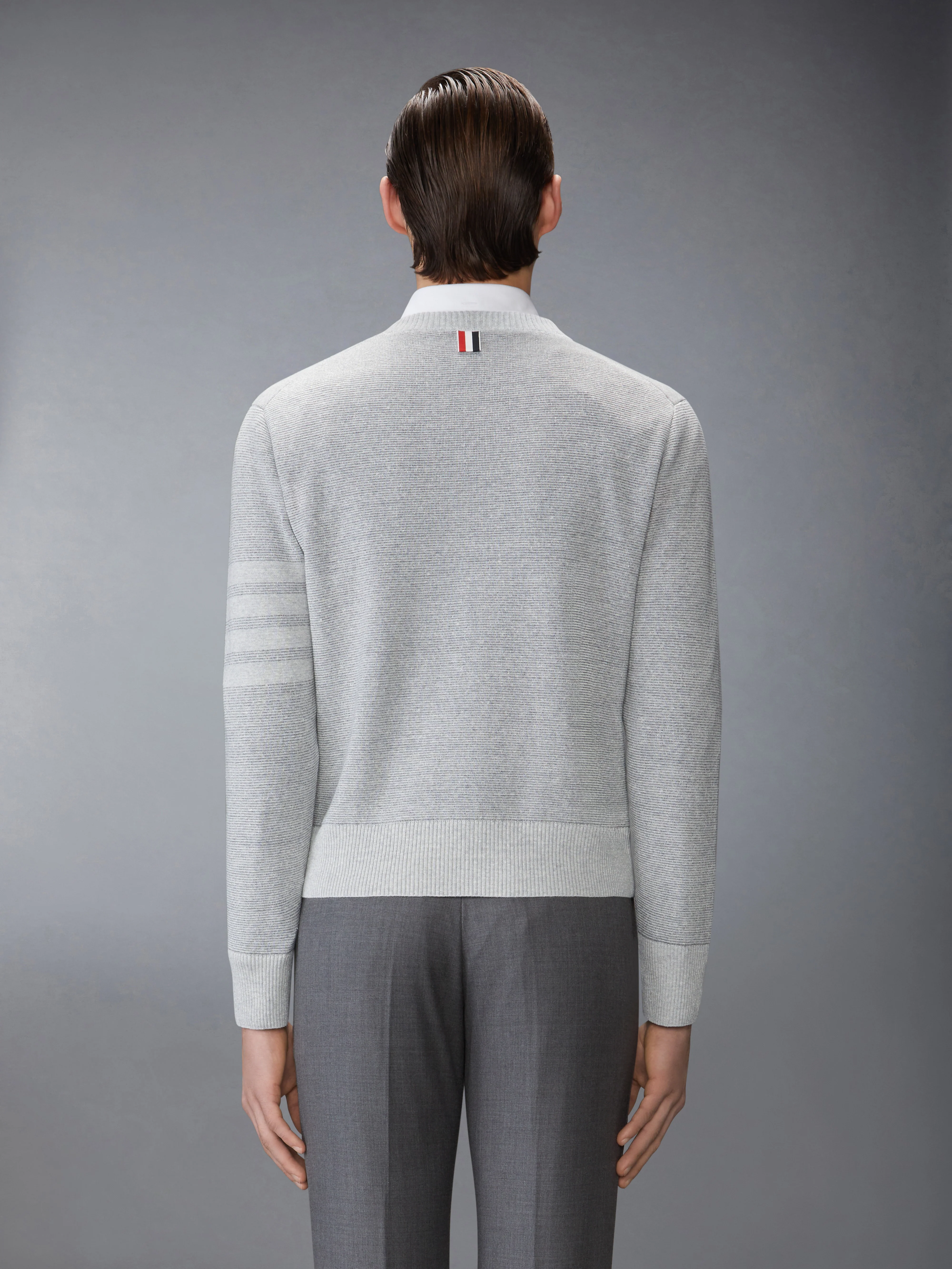 TEXTURED STRIPED STITCH 4-BAR RELAXED FIT V NECK PULLOVER
