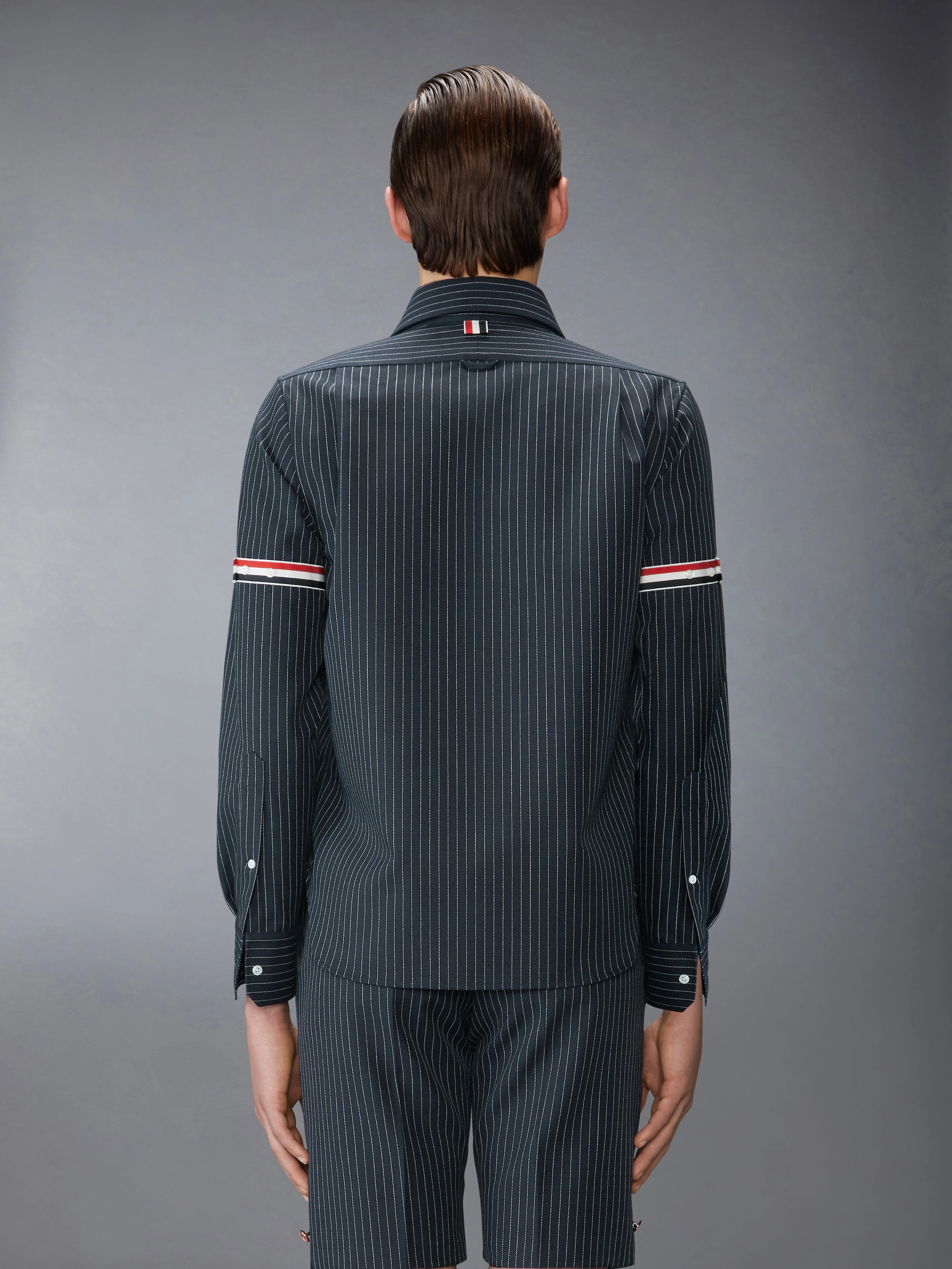 PINSTRIPE HIGH TWIST WOOL ZIP UP SHIRT