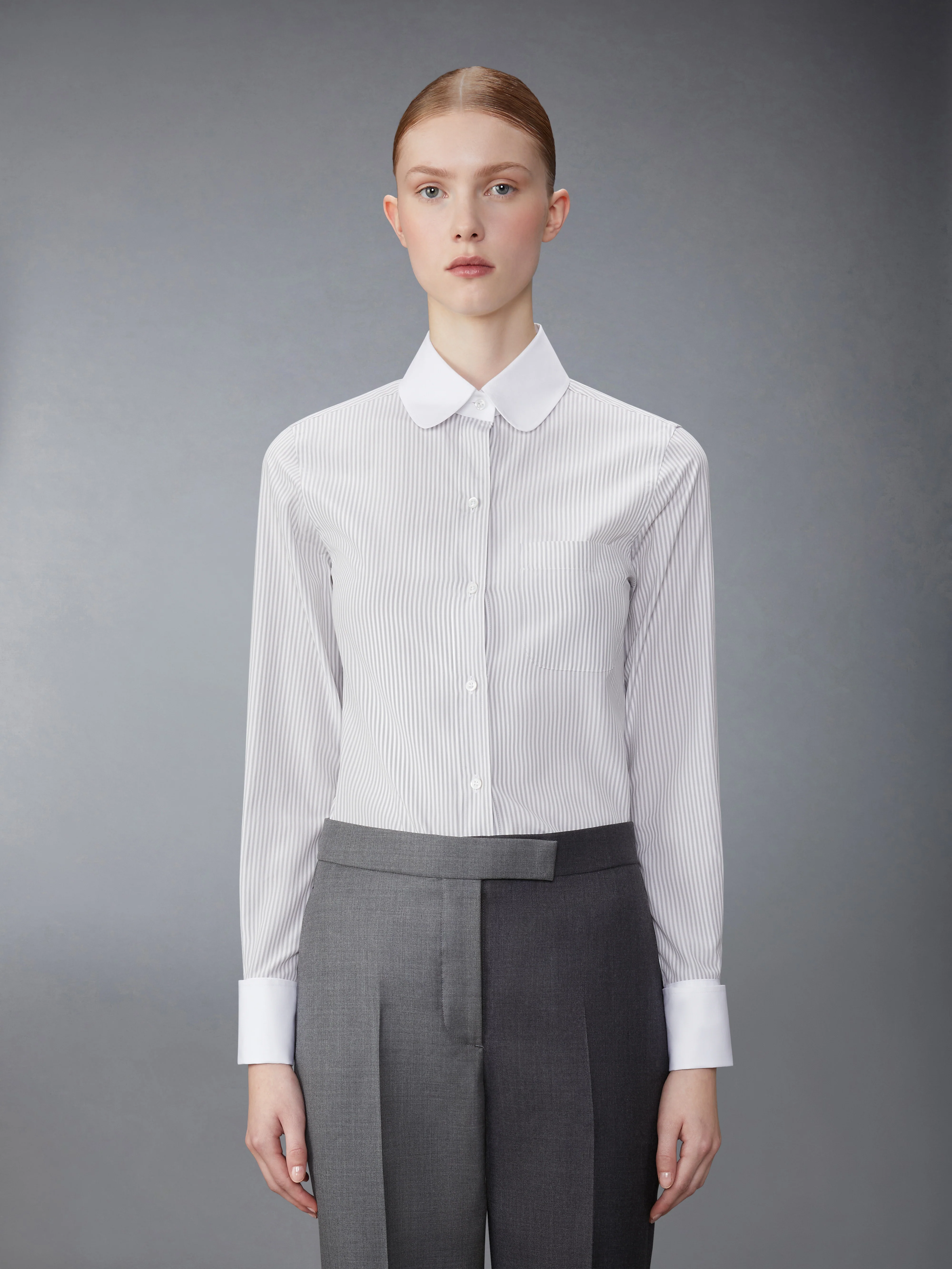 UNIVERSITY STRIPE COTTON SILK ROUND COLLAR SHIRT