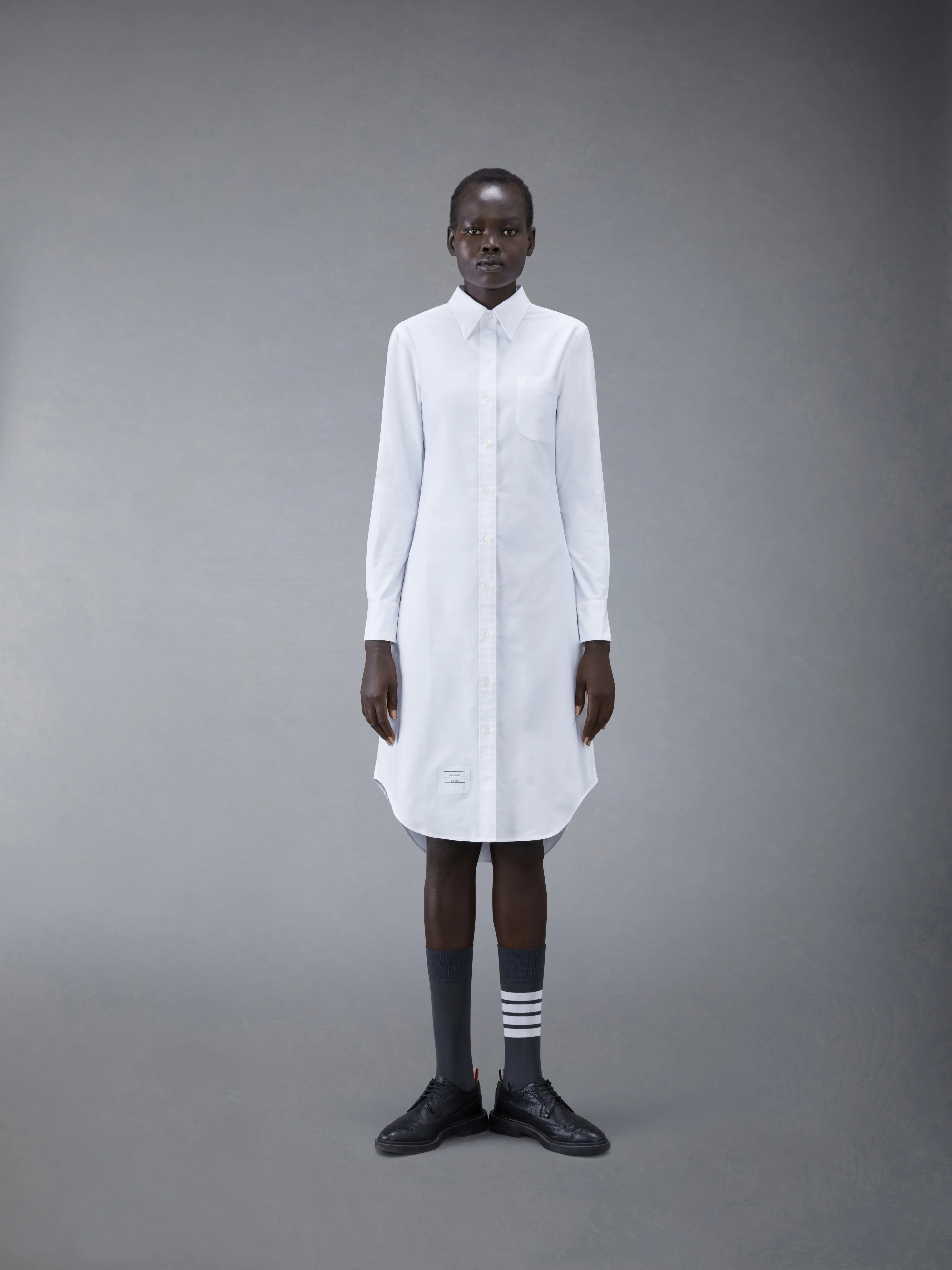 White Classic Oxford Long-sleeve Button Down Knee Length Shirtdress