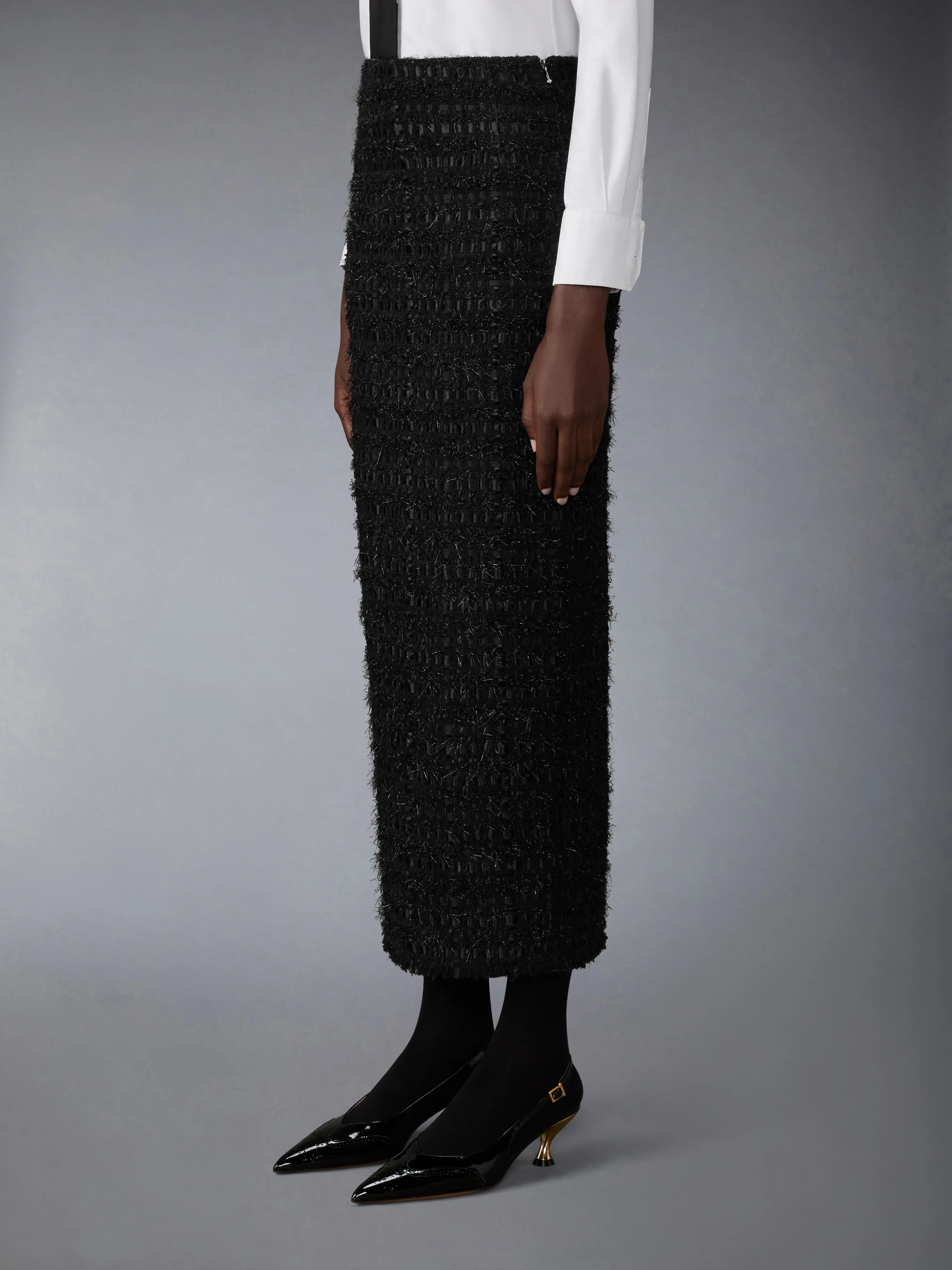 SATIN RIBBON TWEED FRAYED HOBBLE SKIRT