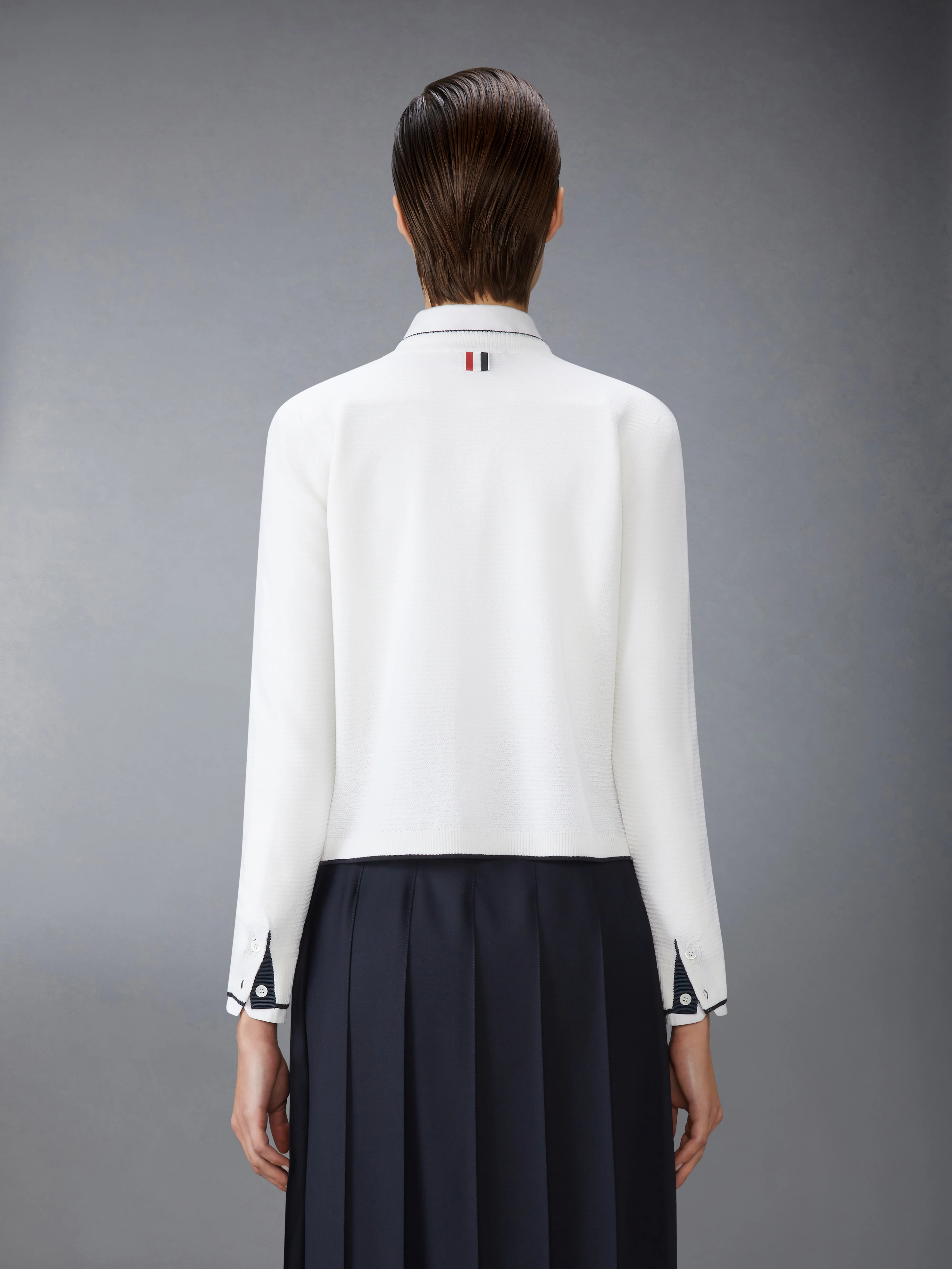 WOOL CREPE 4-BAR CREW NECK CARDIGAN