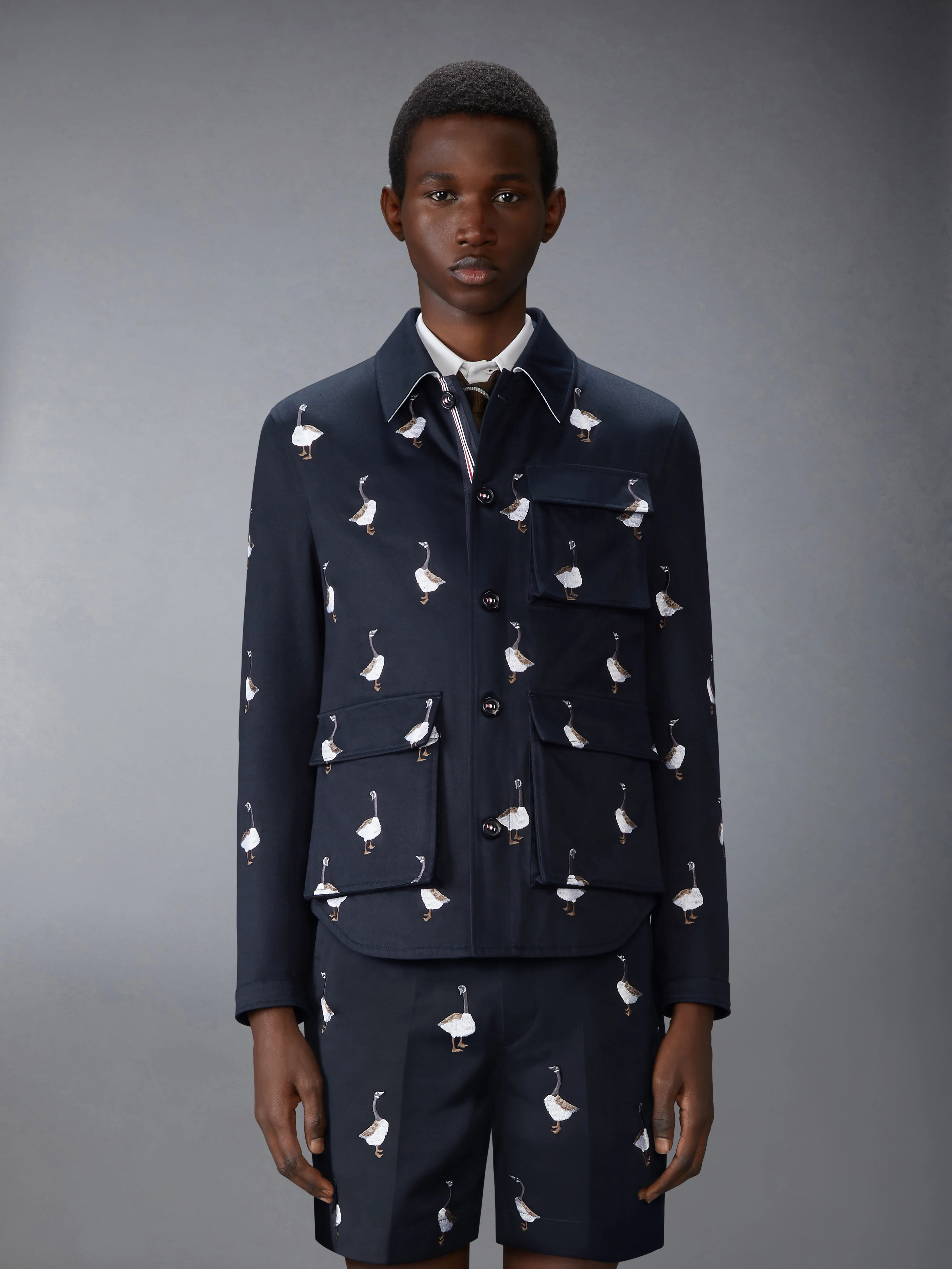 SATIN STITCH GOOSE UTILITY PATCH POCKET JACKET