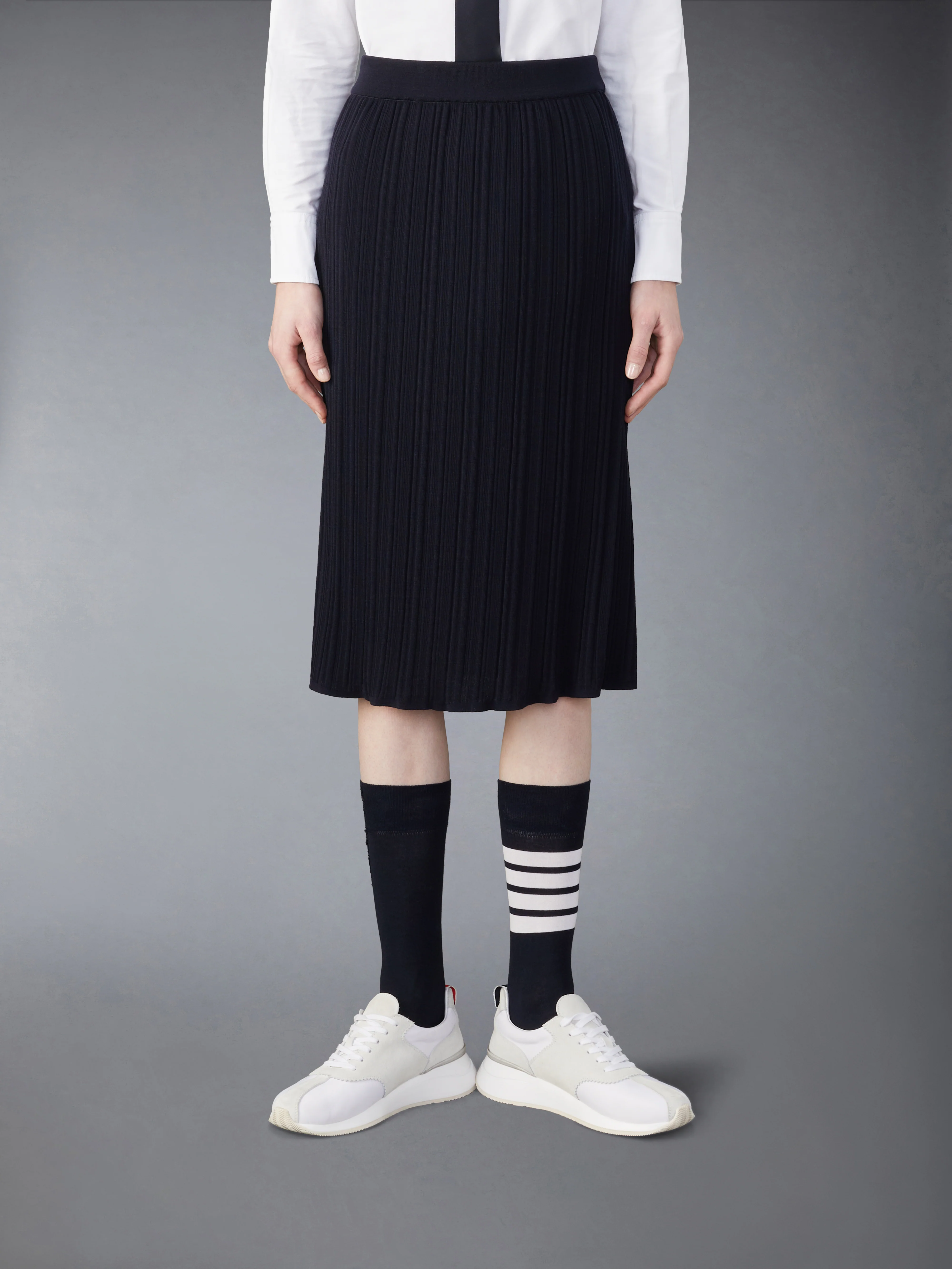 WOOL CREPE RIB STITCH MIDI PLISSE SKIRT