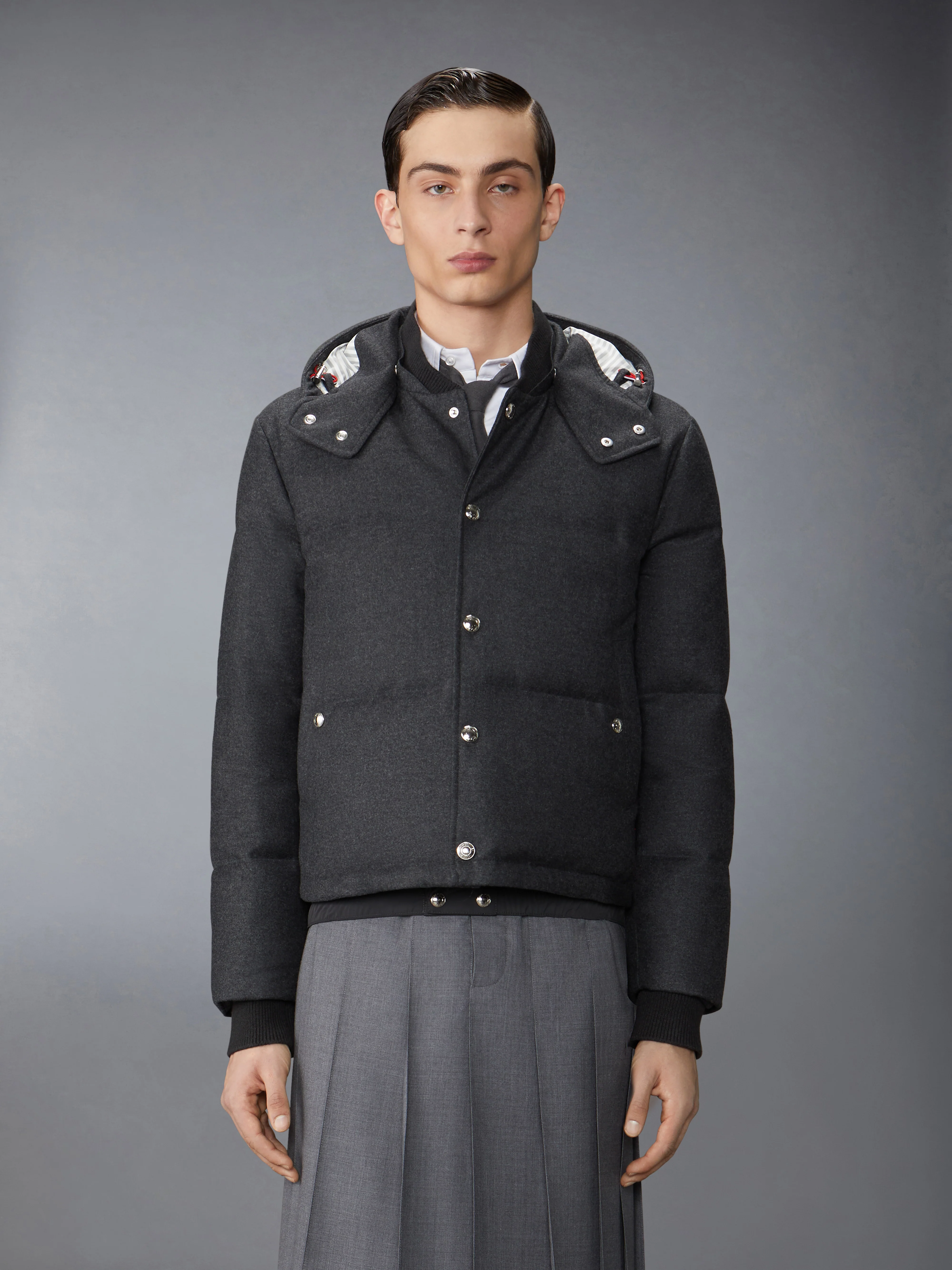 WOOL FLANNEL DOWN FILL DETACHABLE HOOD BOMBER