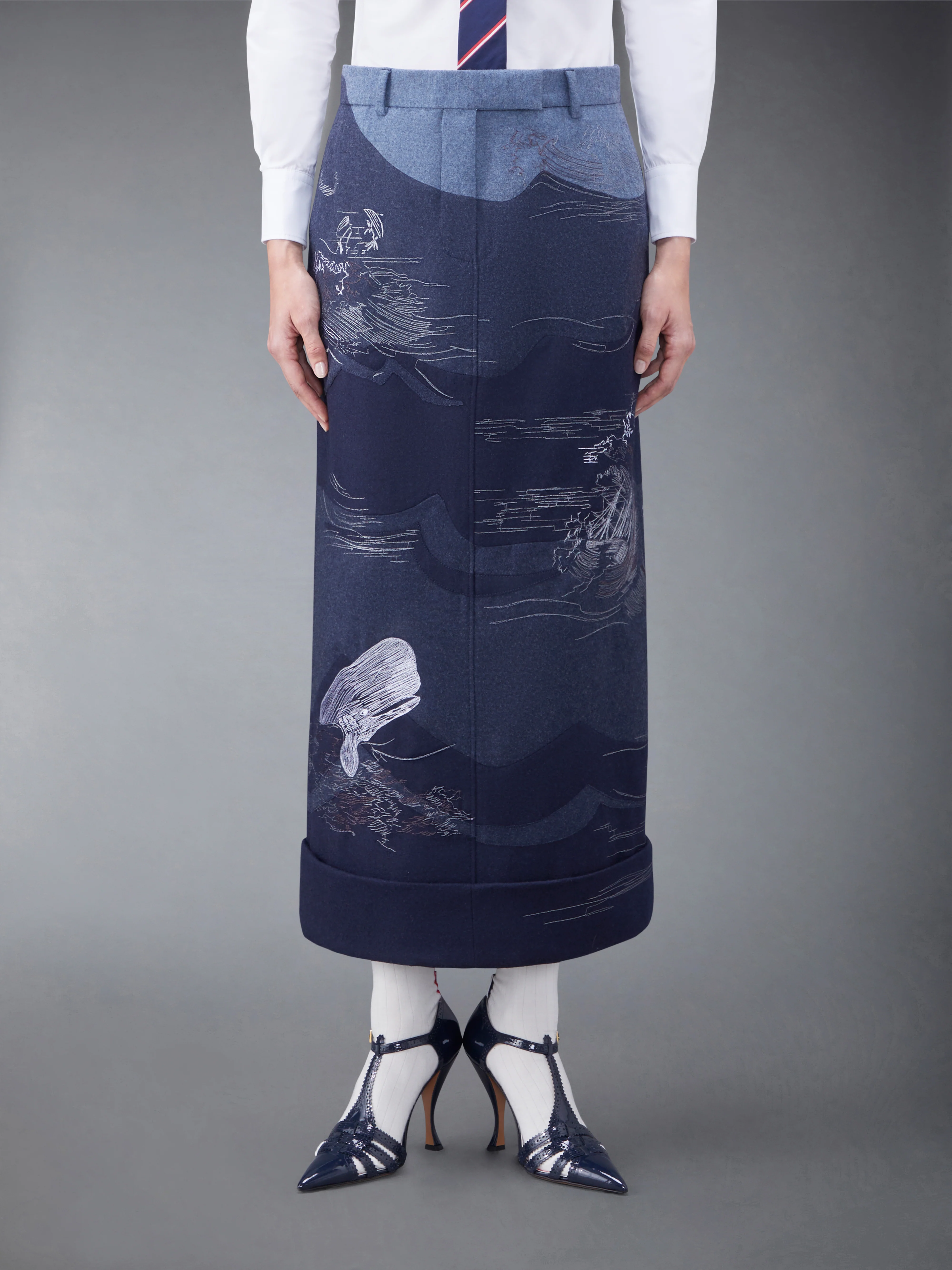 Wool Flannel Stitch Detail Calf Length Sack Skirt