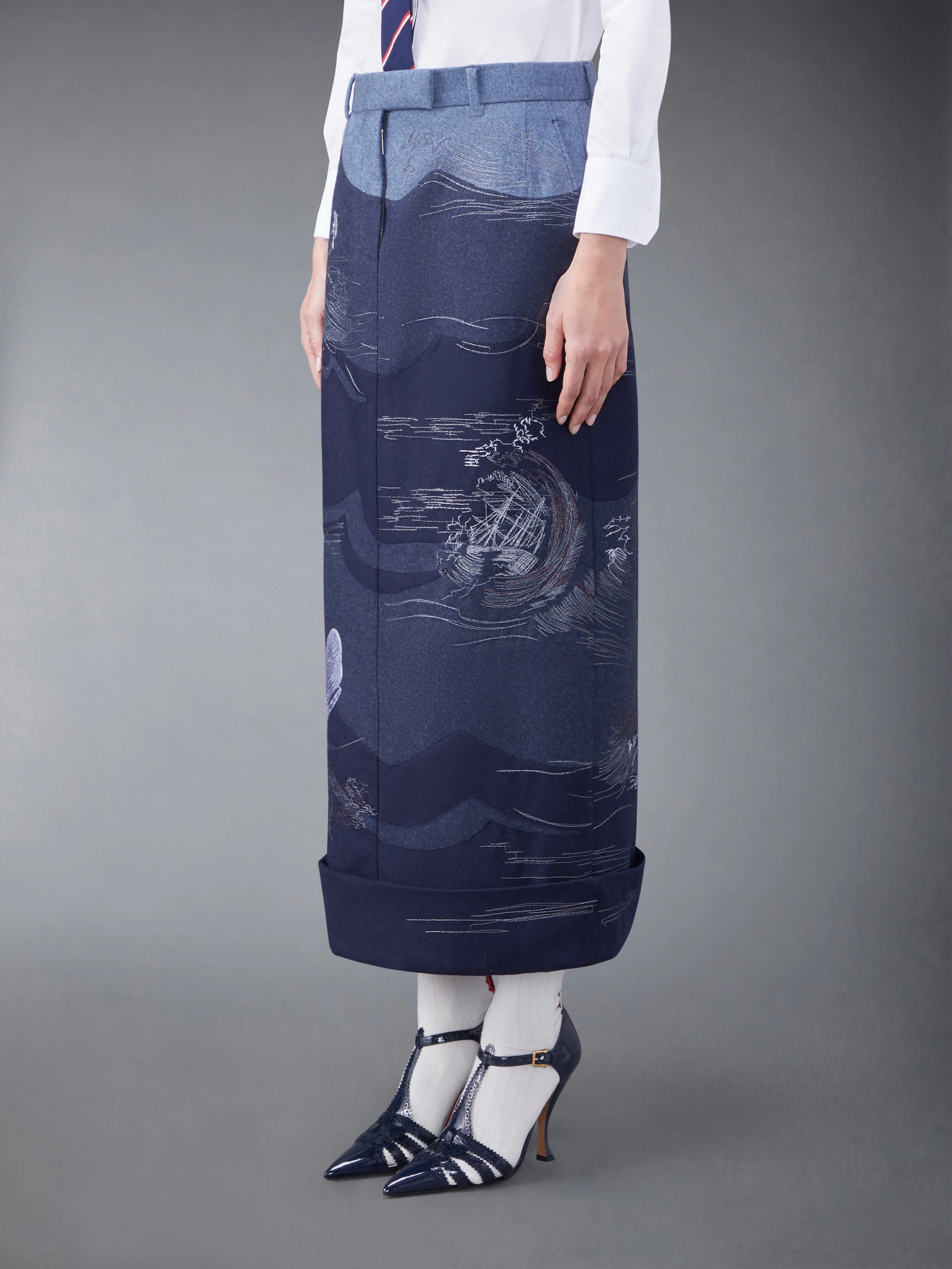 Wool Flannel Stitch Detail Calf Length Sack Skirt