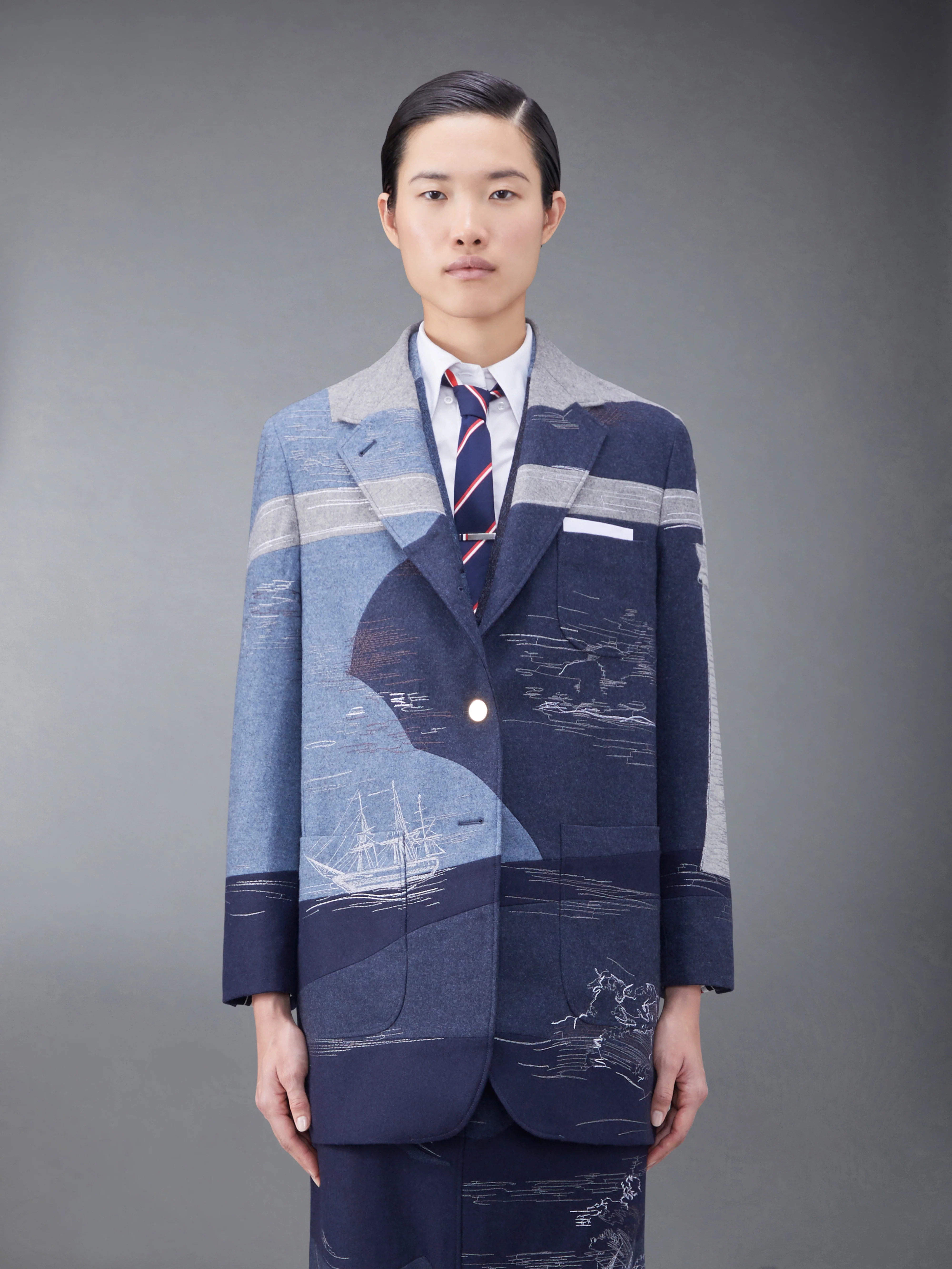 Wool Flannel Stitch Detail Oversized Sack Sport Coat