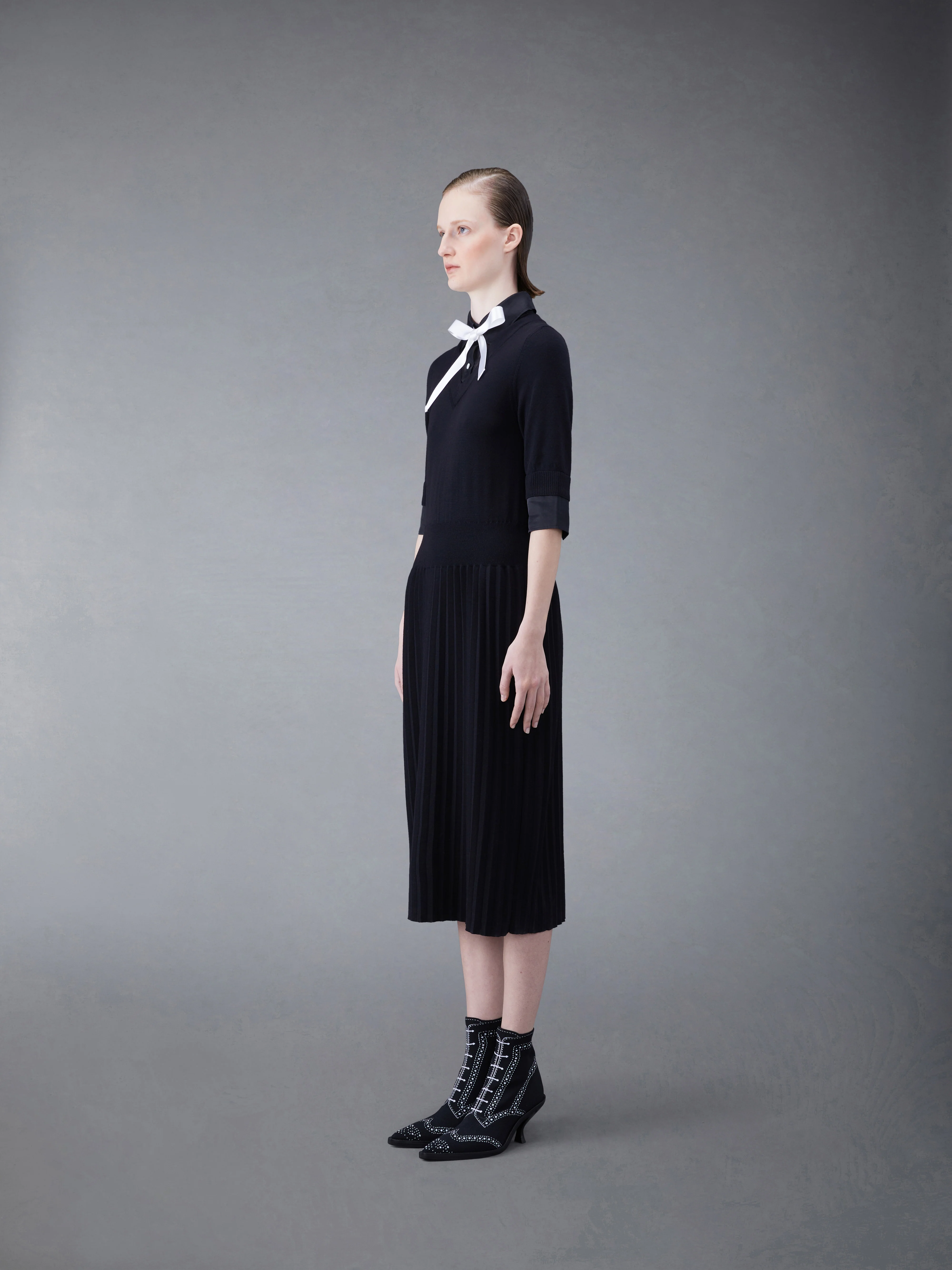 Wool Jersey Organza Pleated Bottom Ribbon Tie Combo Shirtdress