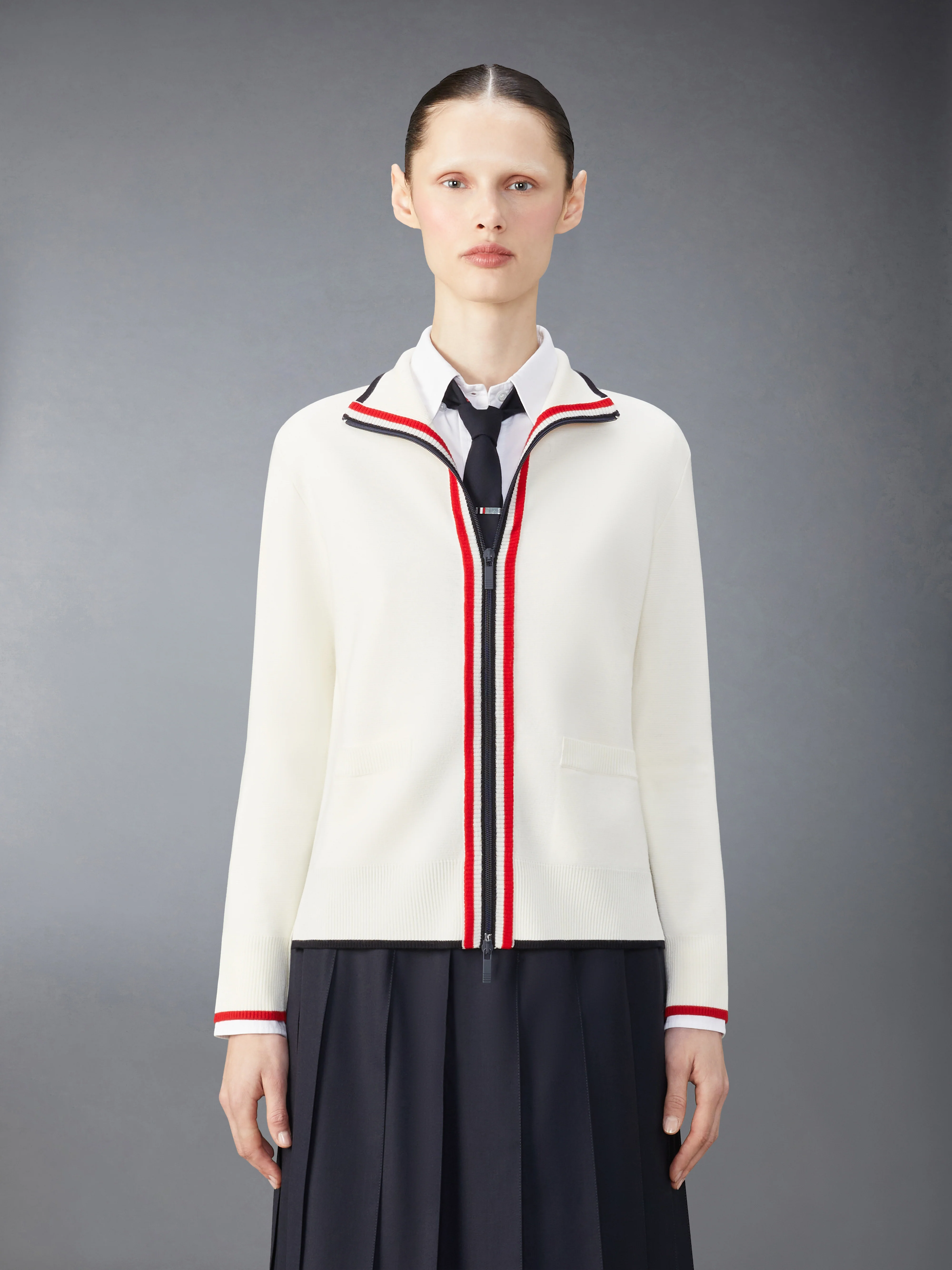 WOOL MILANO STITCH FUNNEL NECK ZIP UP CARDIGAN