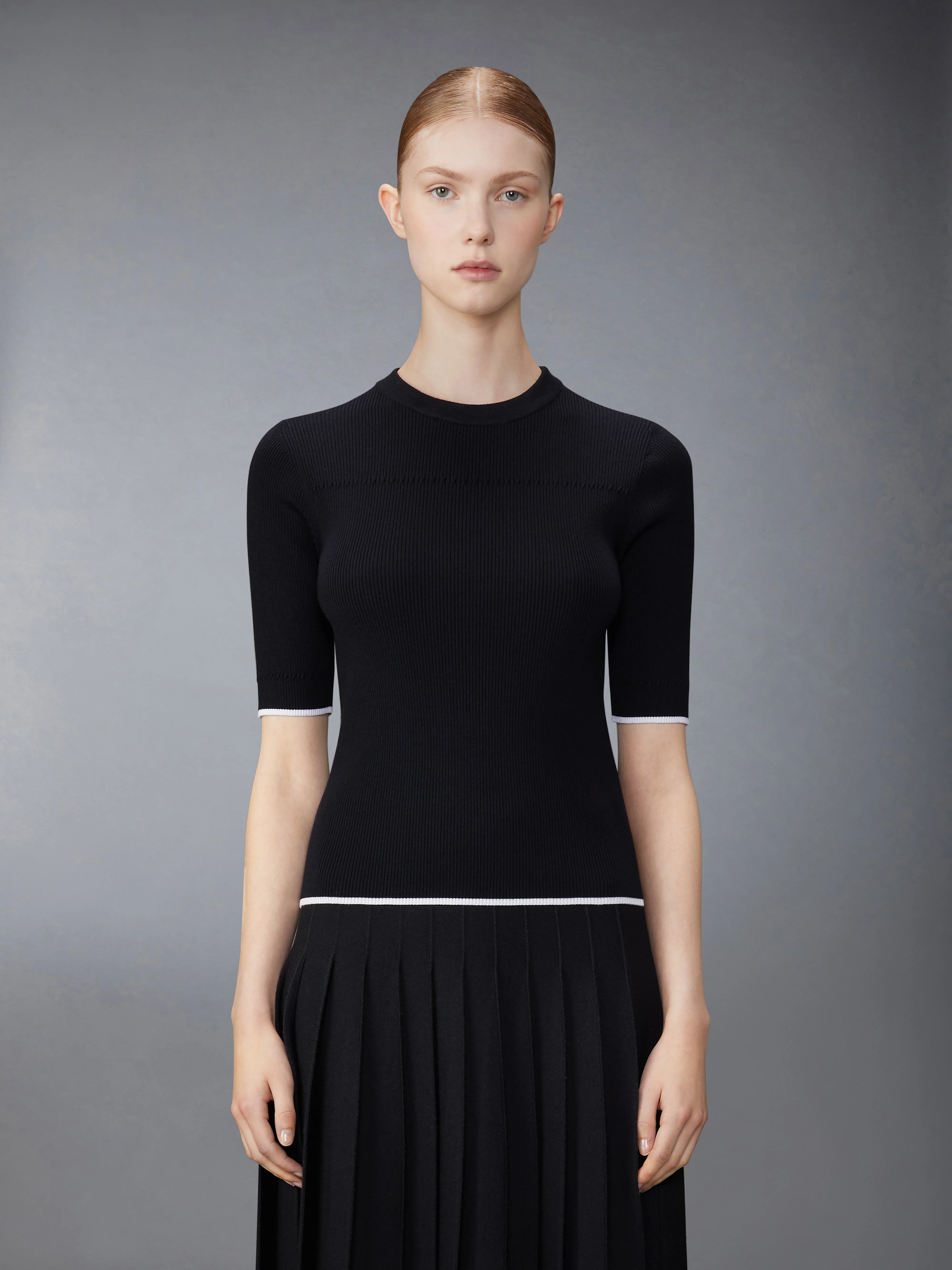 WOOL SILK BLEND TIPPING RIB STITCH CABLE TEE