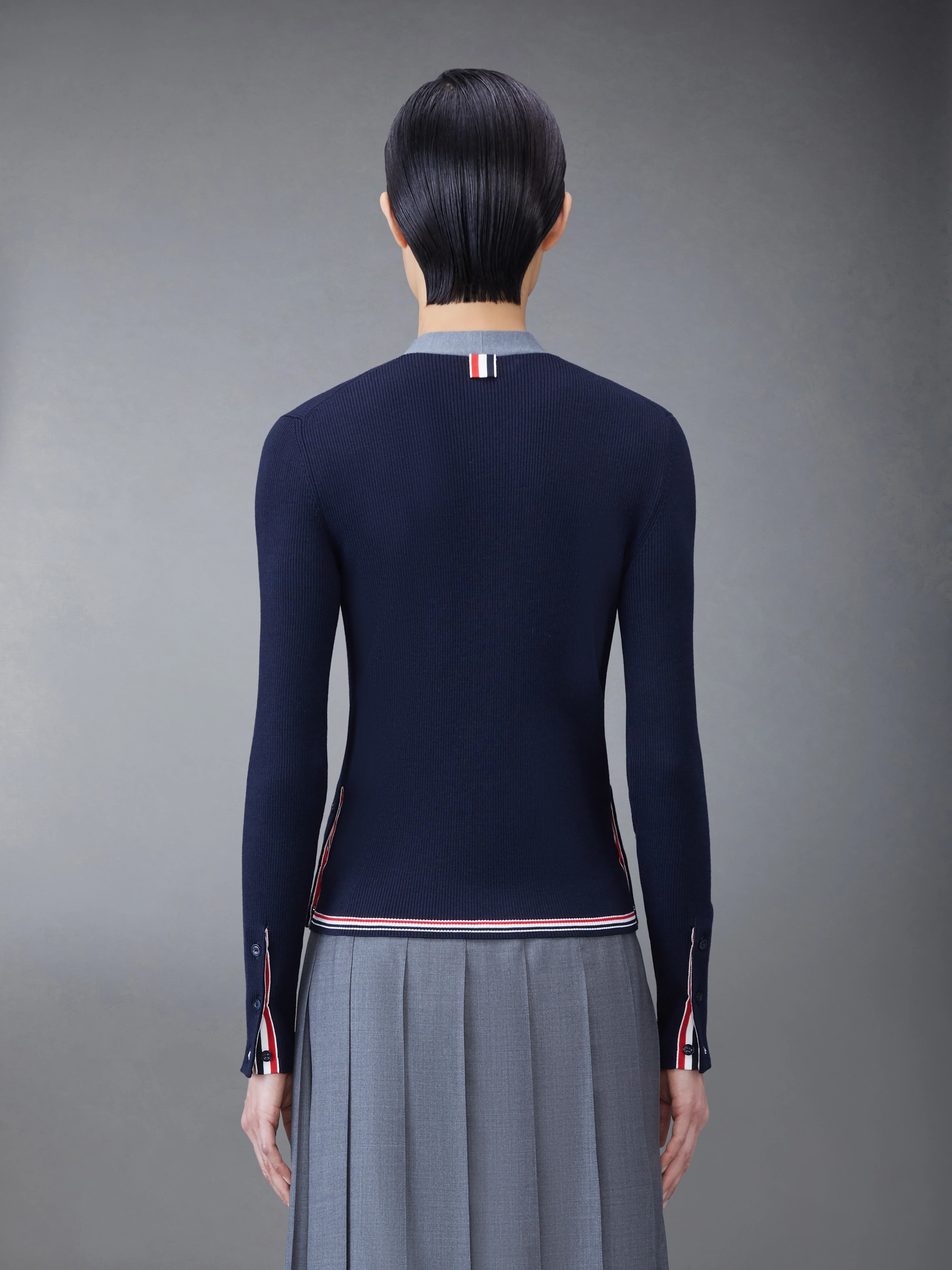 Wool Silk Rib Stripe Neck Tie V-neck Cardigan