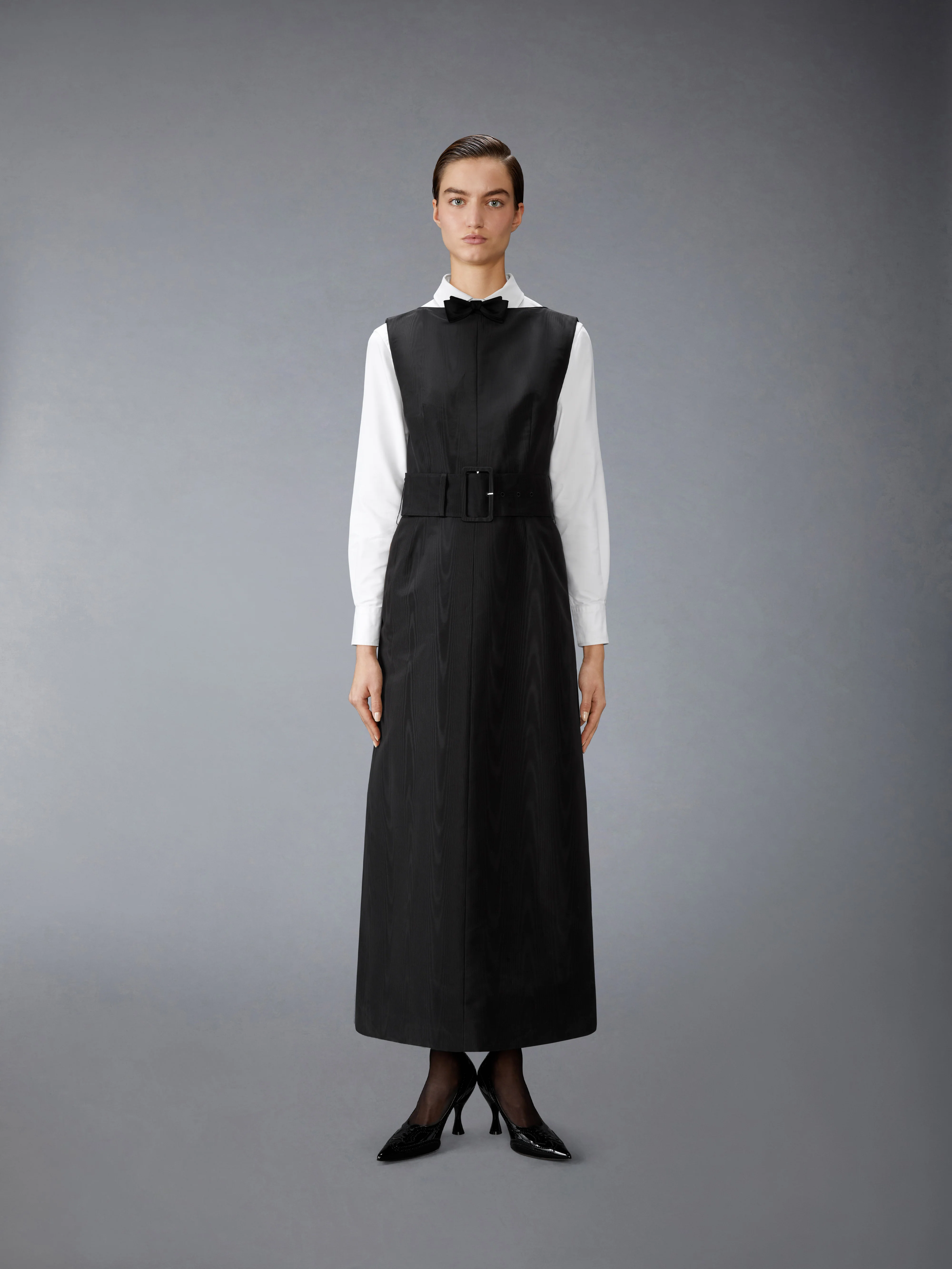 SILK MOIRE BOAT NECK COLUMN DRESS
