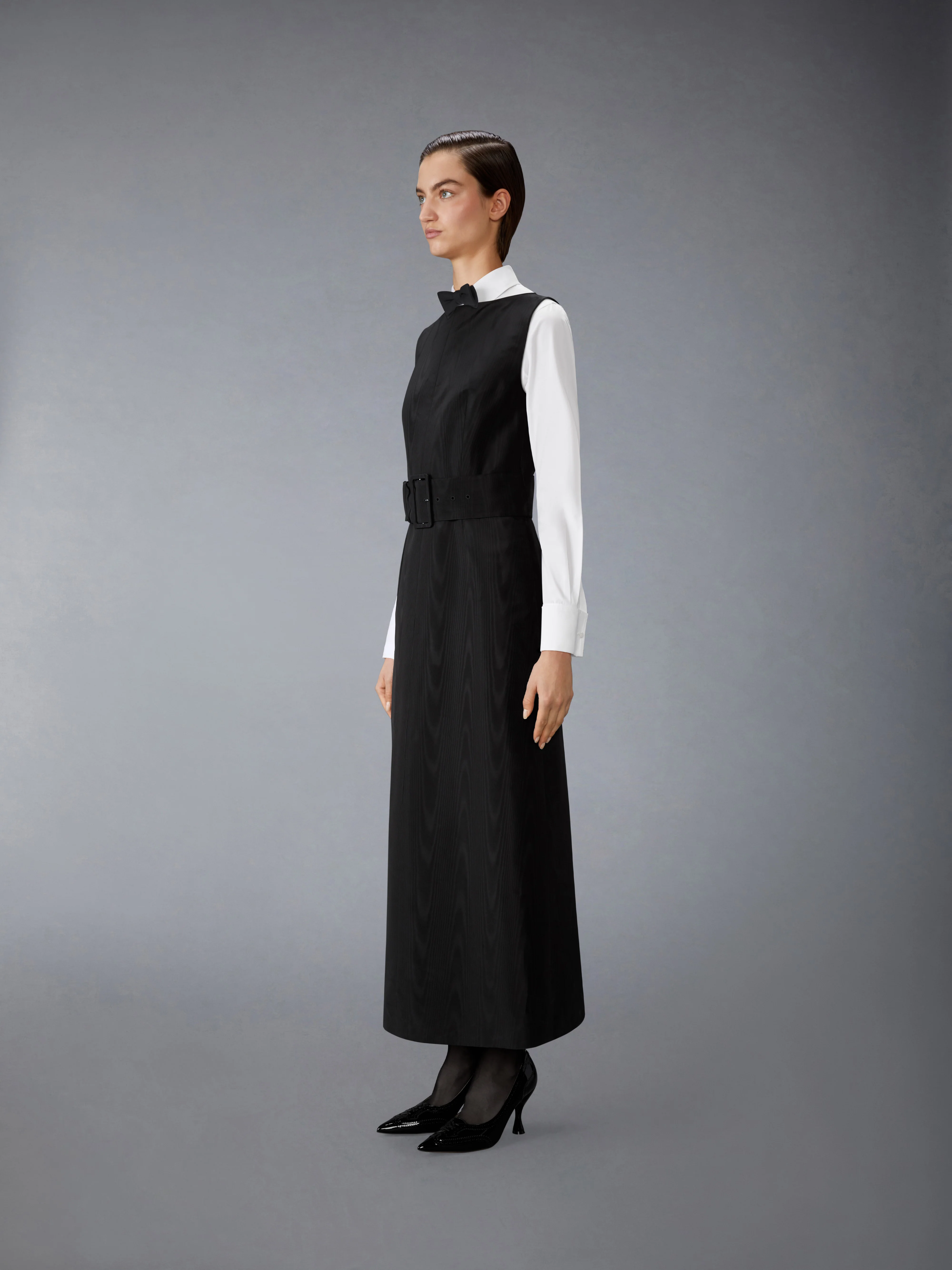 SILK MOIRE BOAT NECK COLUMN DRESS