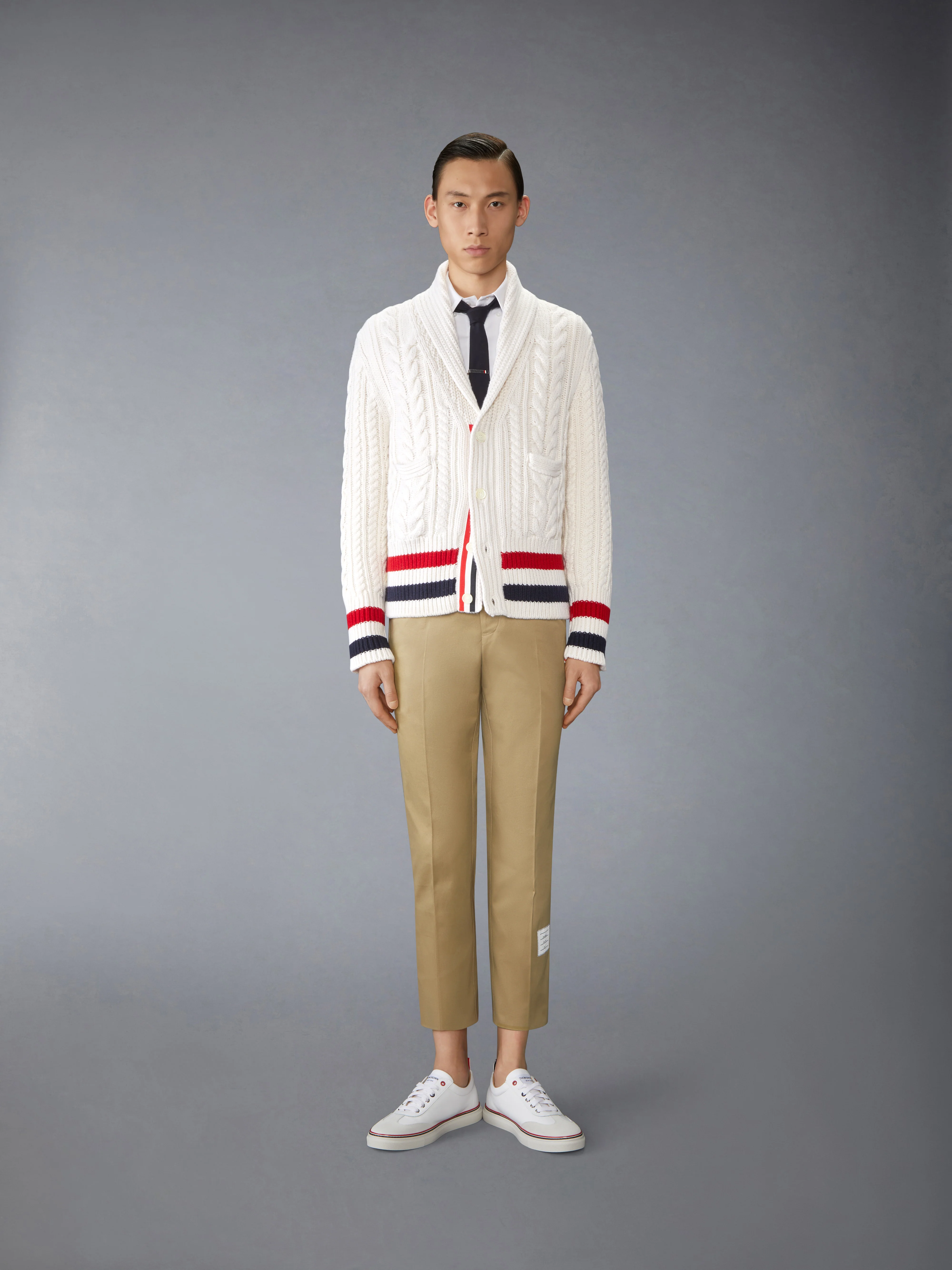 ARAN CABLE CASHMERE RWB STRIPE CARDIGAN