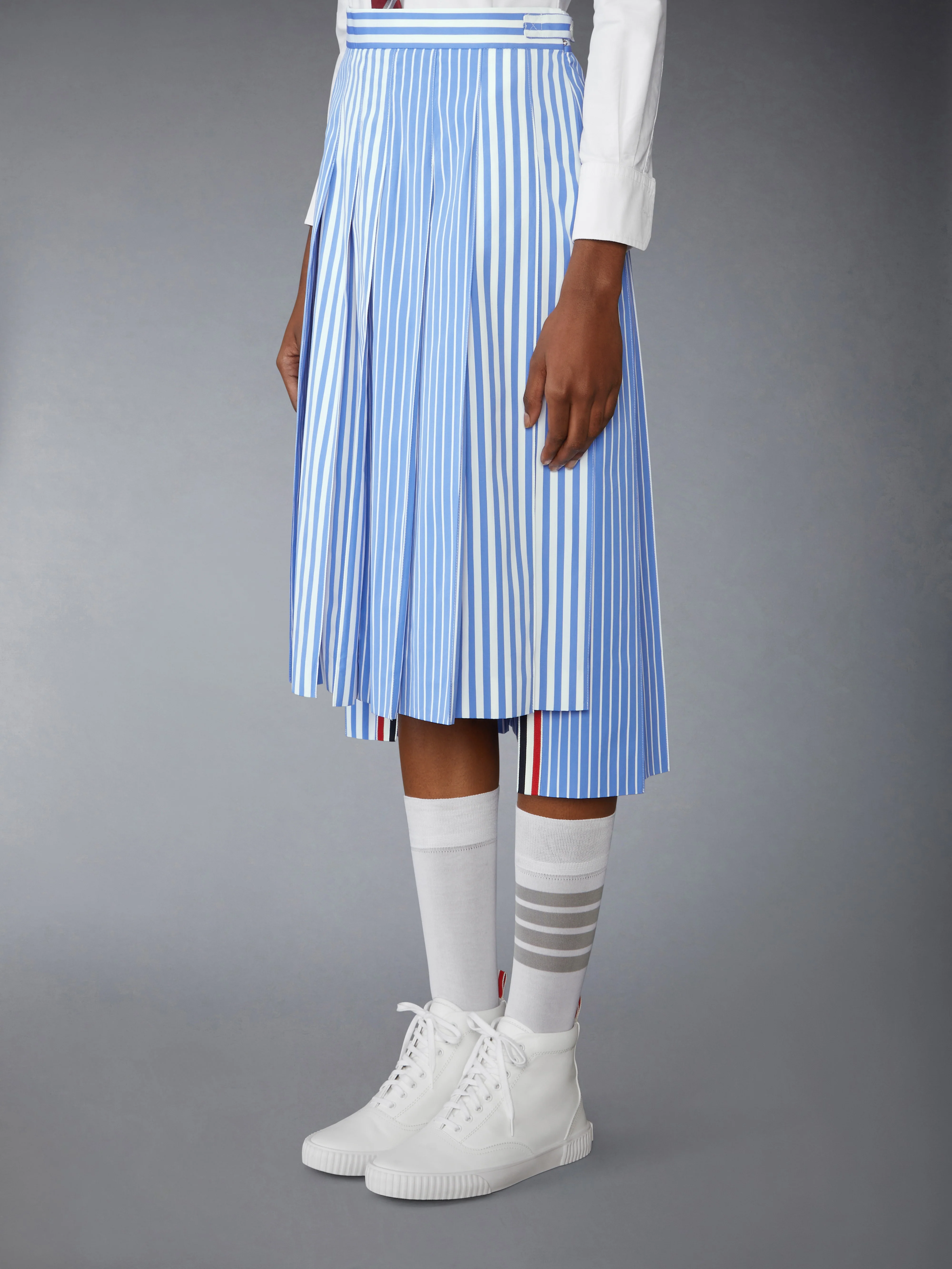 AWNING STRIPED POPLIN FUNMIX PLEATED SKIRT