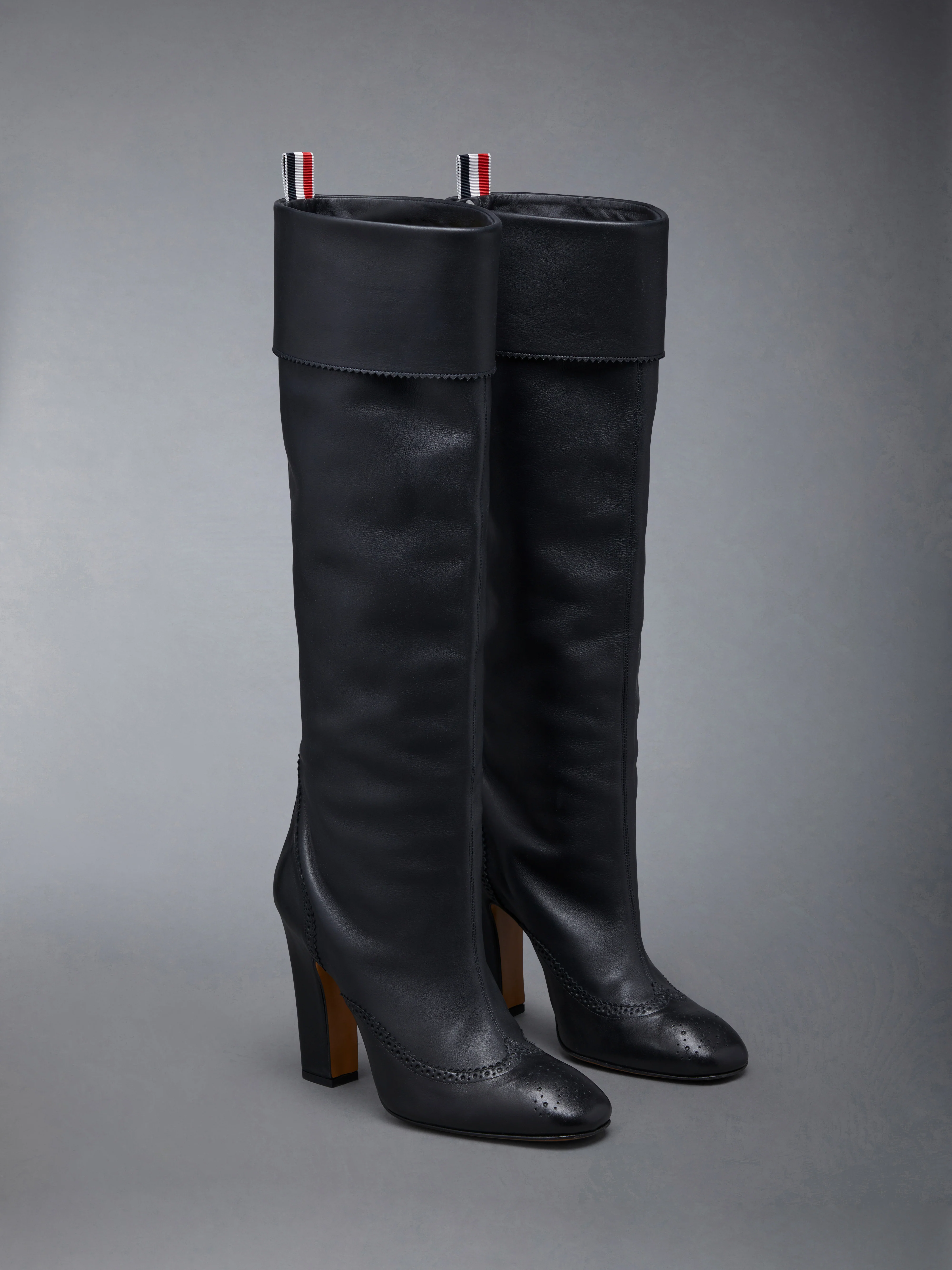 Calf Leather 105mm Block Heel Brogued Knee High Boot