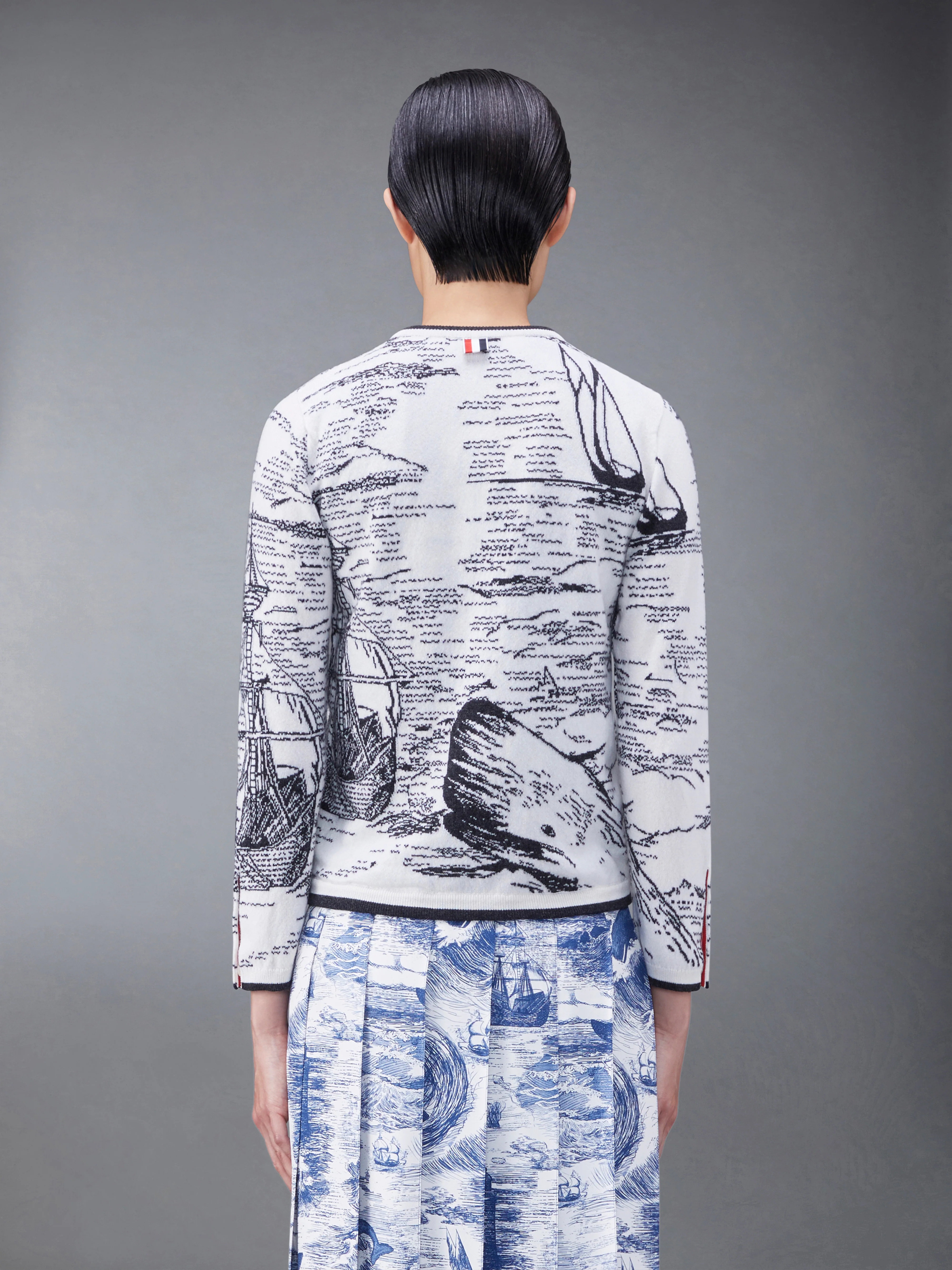 Cashmere Nautical Toile Jersey Silk Lined Crew Neck Cardigan