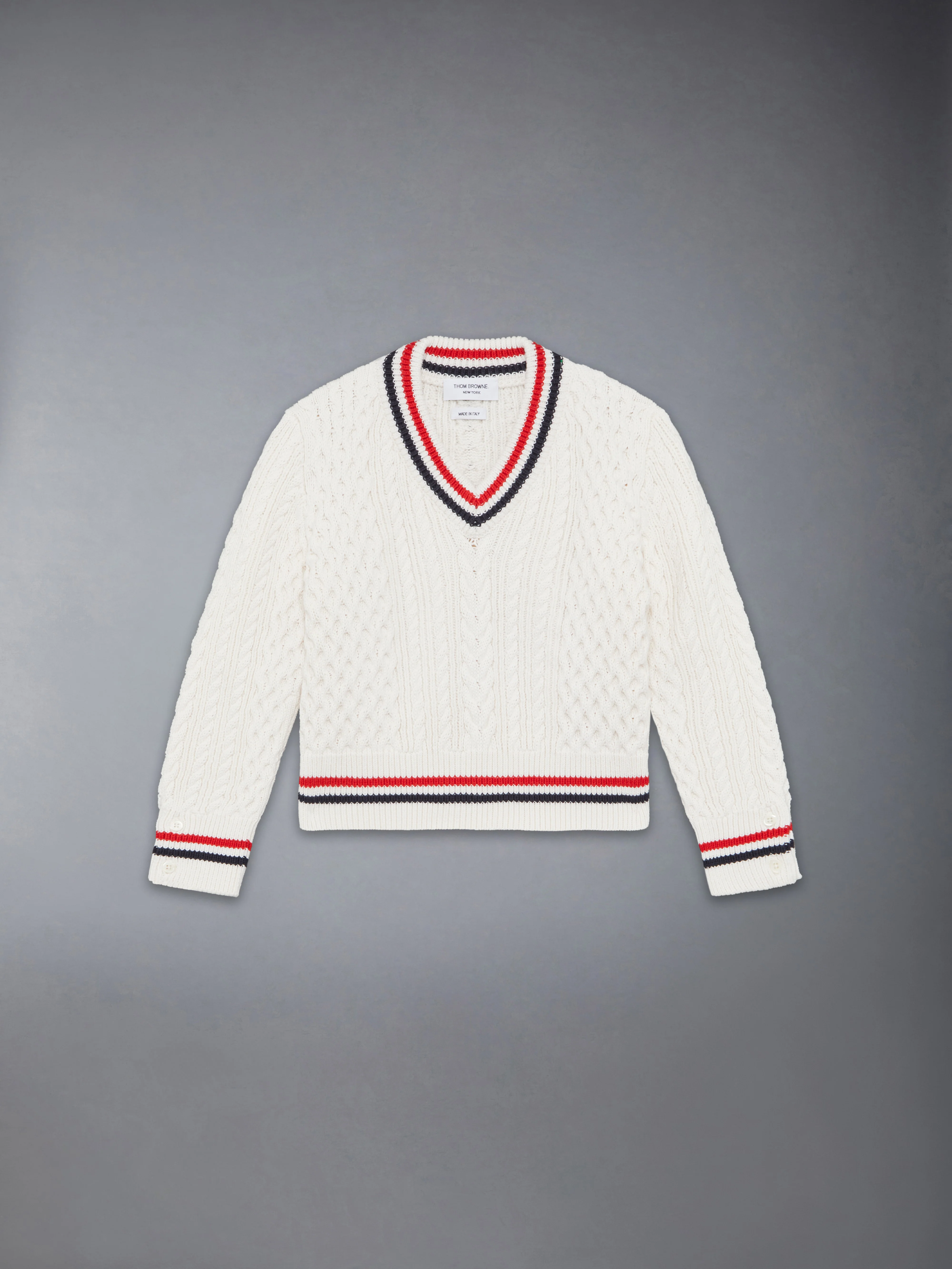 CHILDREN'S ARAN CABLE RWB CRICKET STRIPE PULLOVER