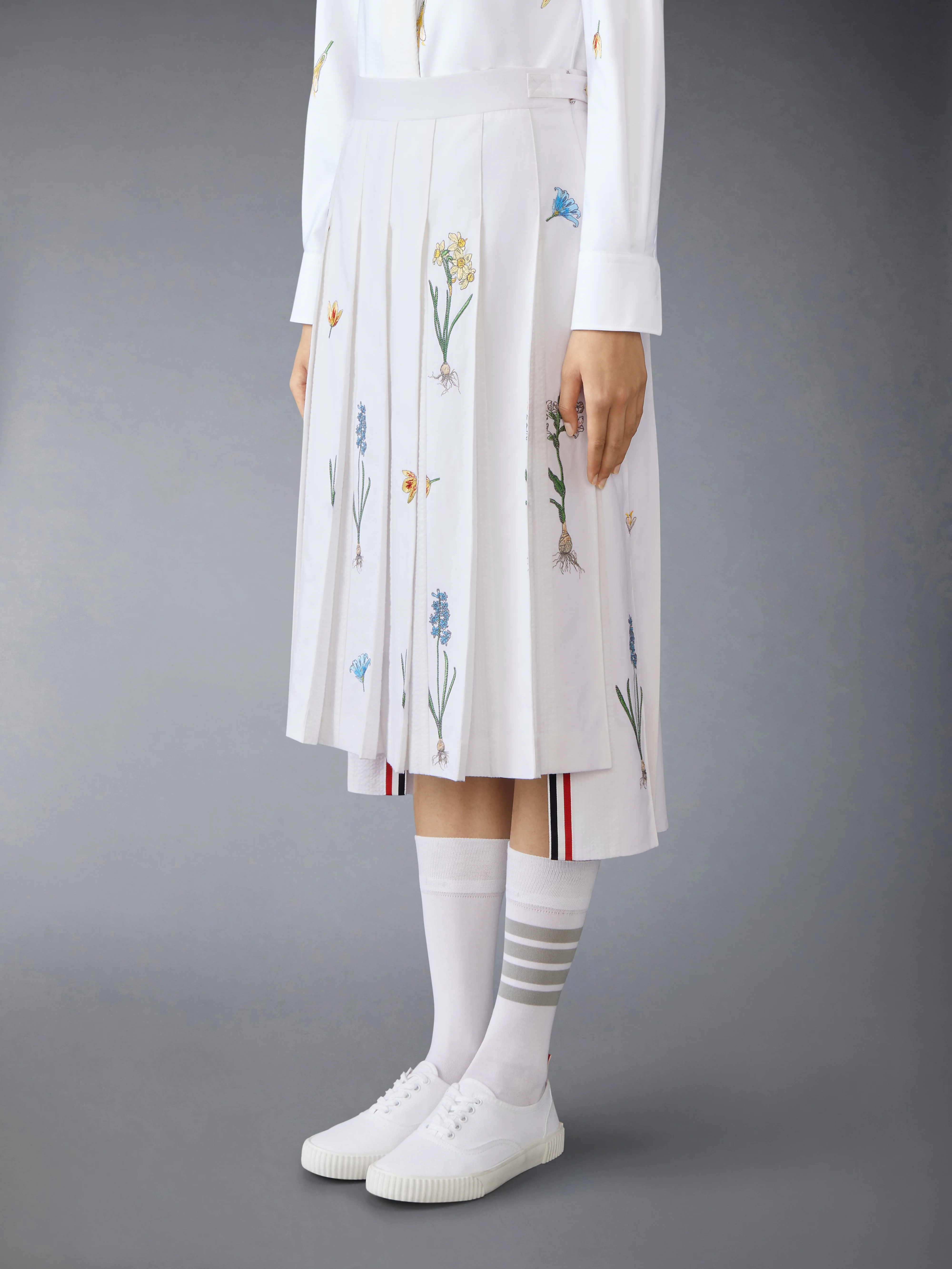 CLASSIC COTTON LINEN BOTANICAL FLOWER PLEATED SKIRT
