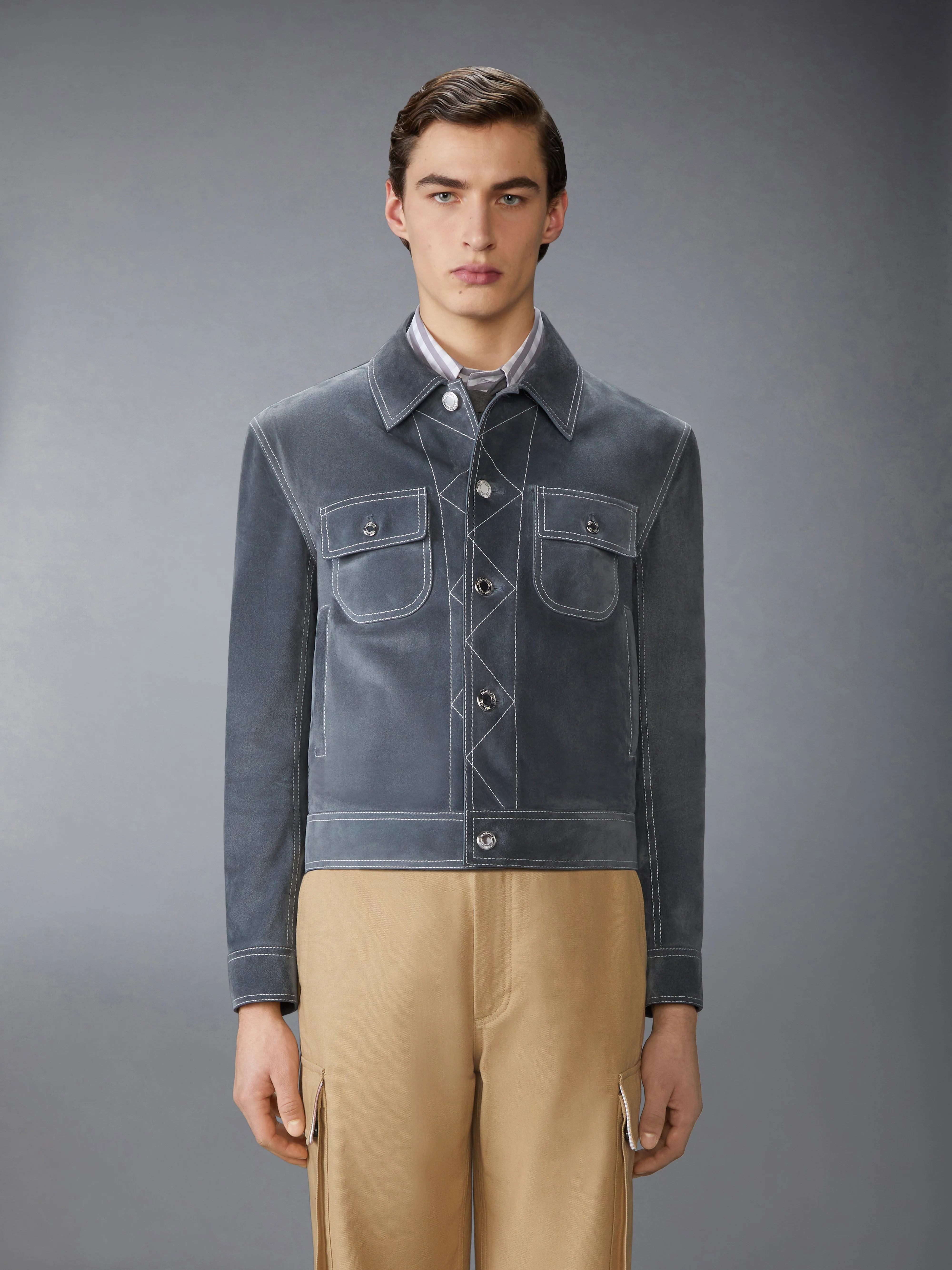 CONTRAST STITCH SUEDE UTILITY JACKET