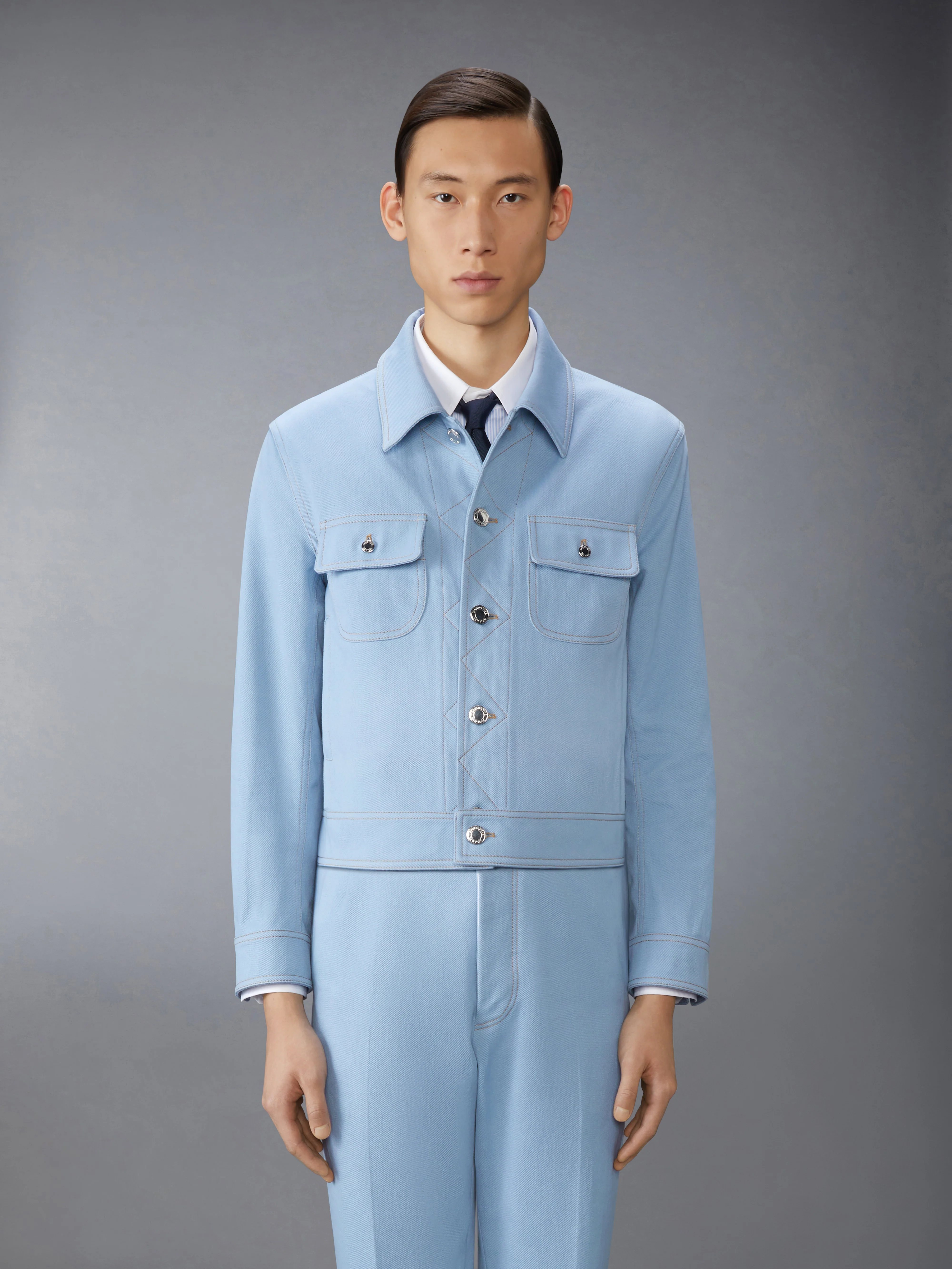 CONTRAST STITCH DENIM BACKSTRAP UTILITY JACKET