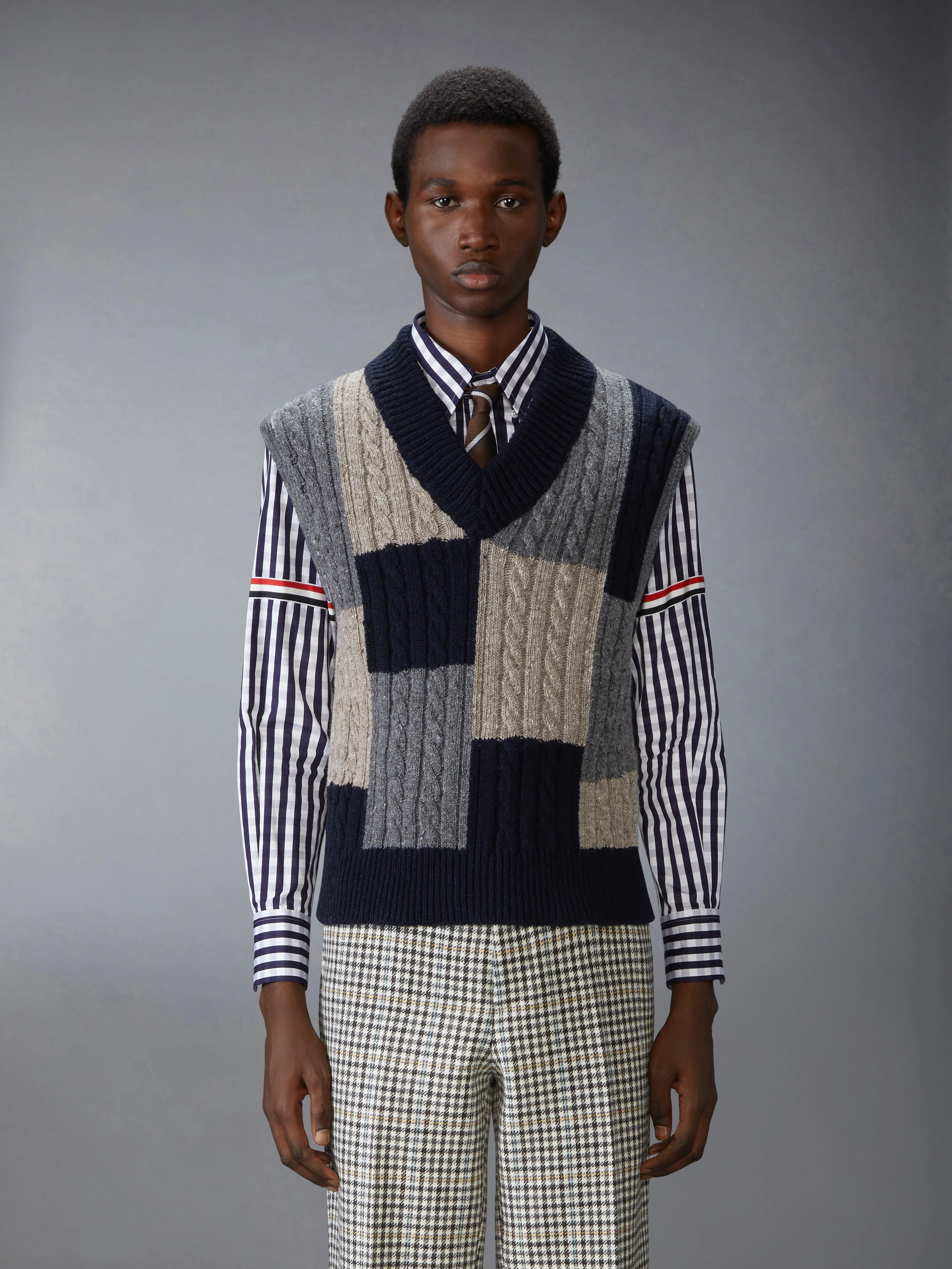 DONEGAL PATCHWORK INTARSIA V NECK VEST