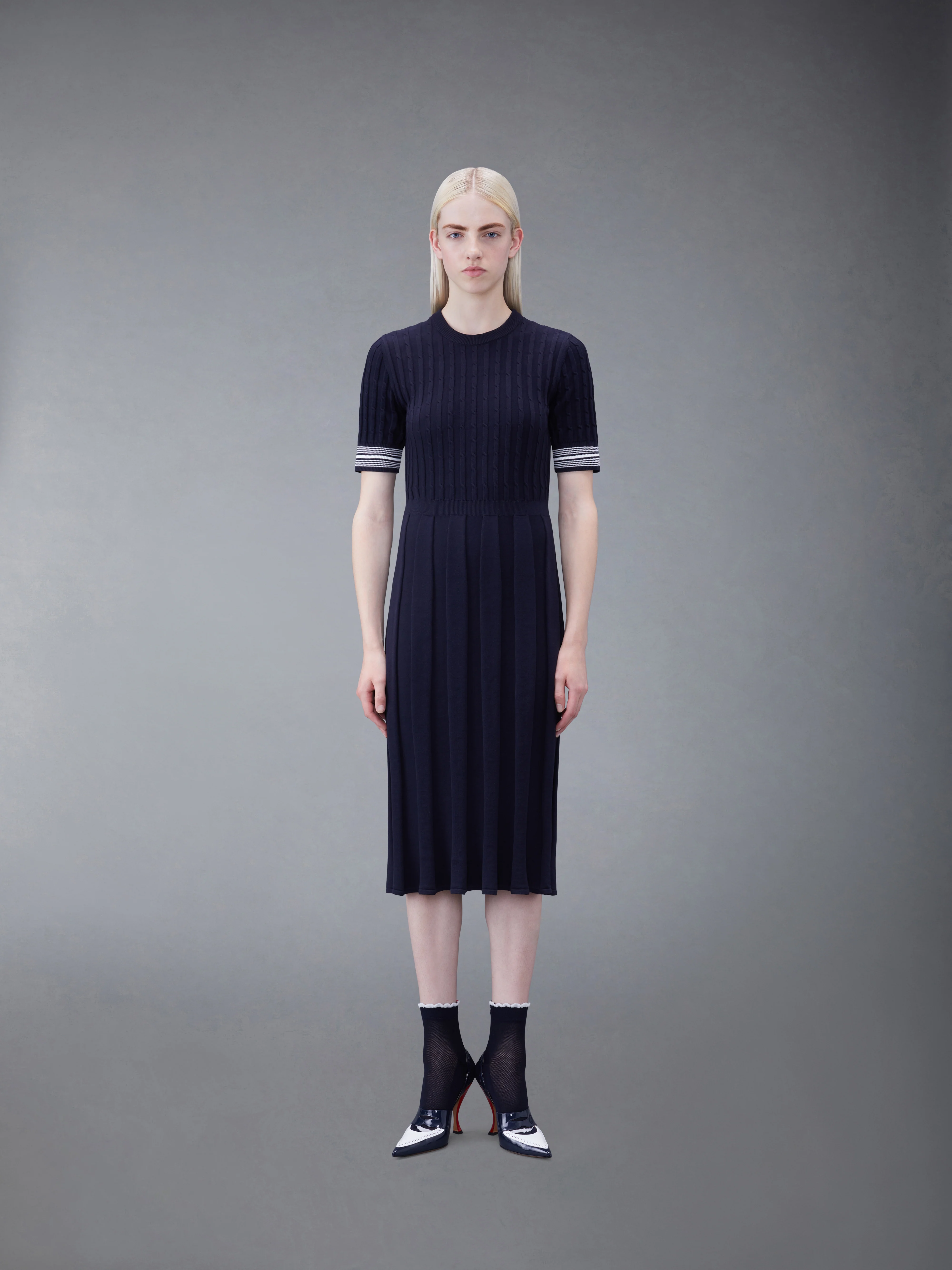 COTTON PLEATED CRICKET STRIPED CABLE DRESS