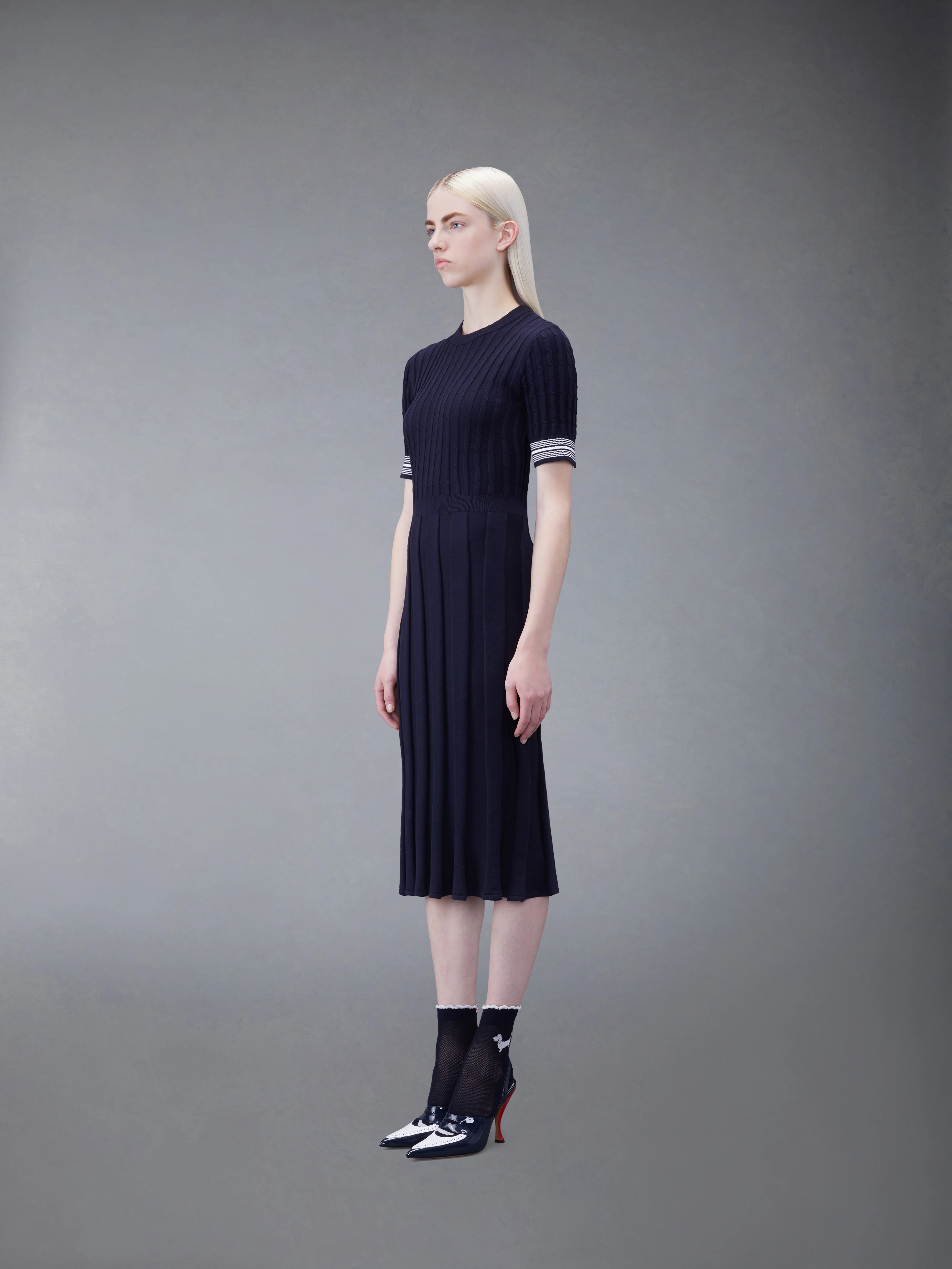 COTTON PLEATED CRICKET STRIPED CABLE DRESS