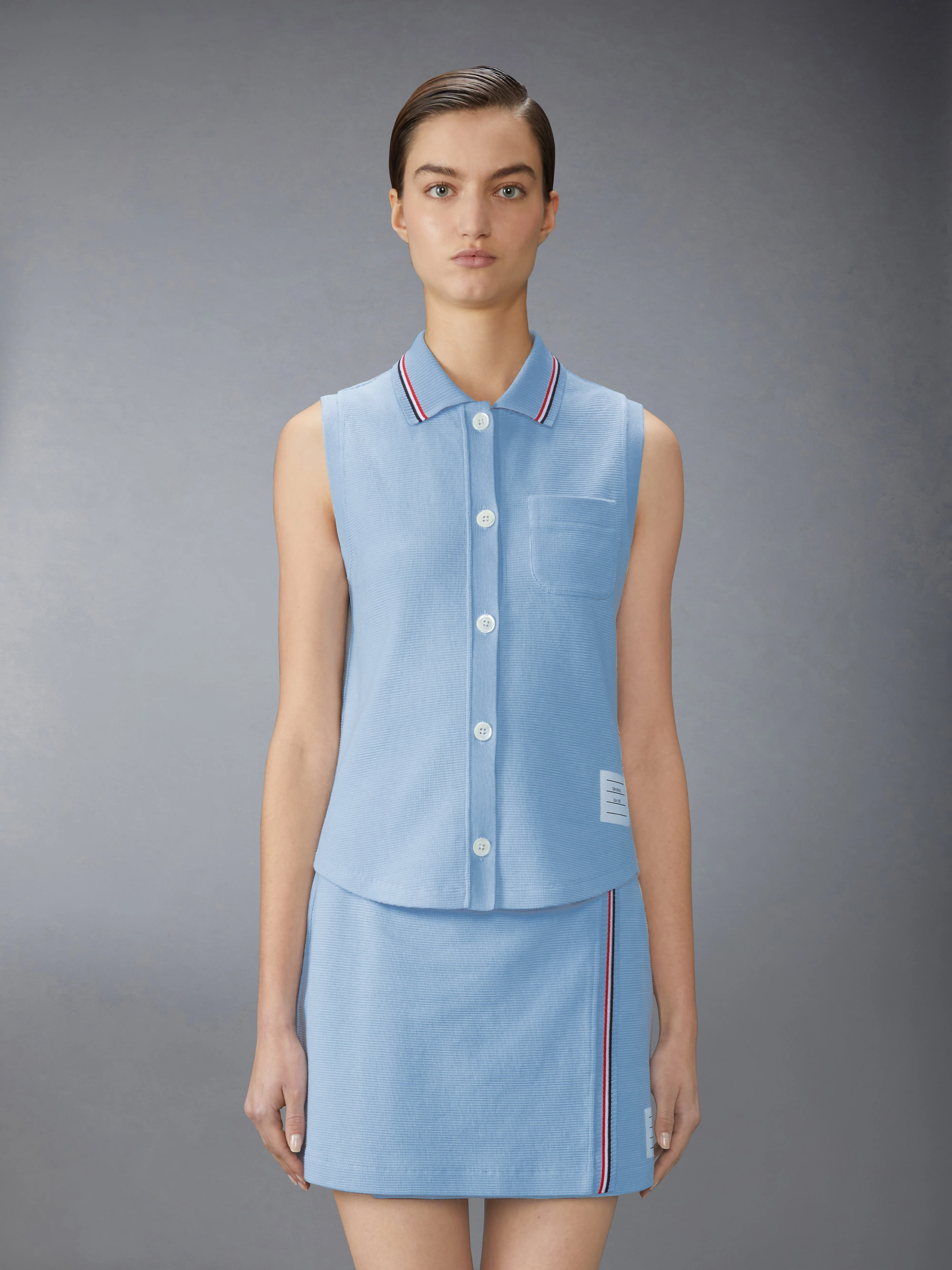 COTTON WAFFLE SLEEVELESS BUTTON SHIRT
