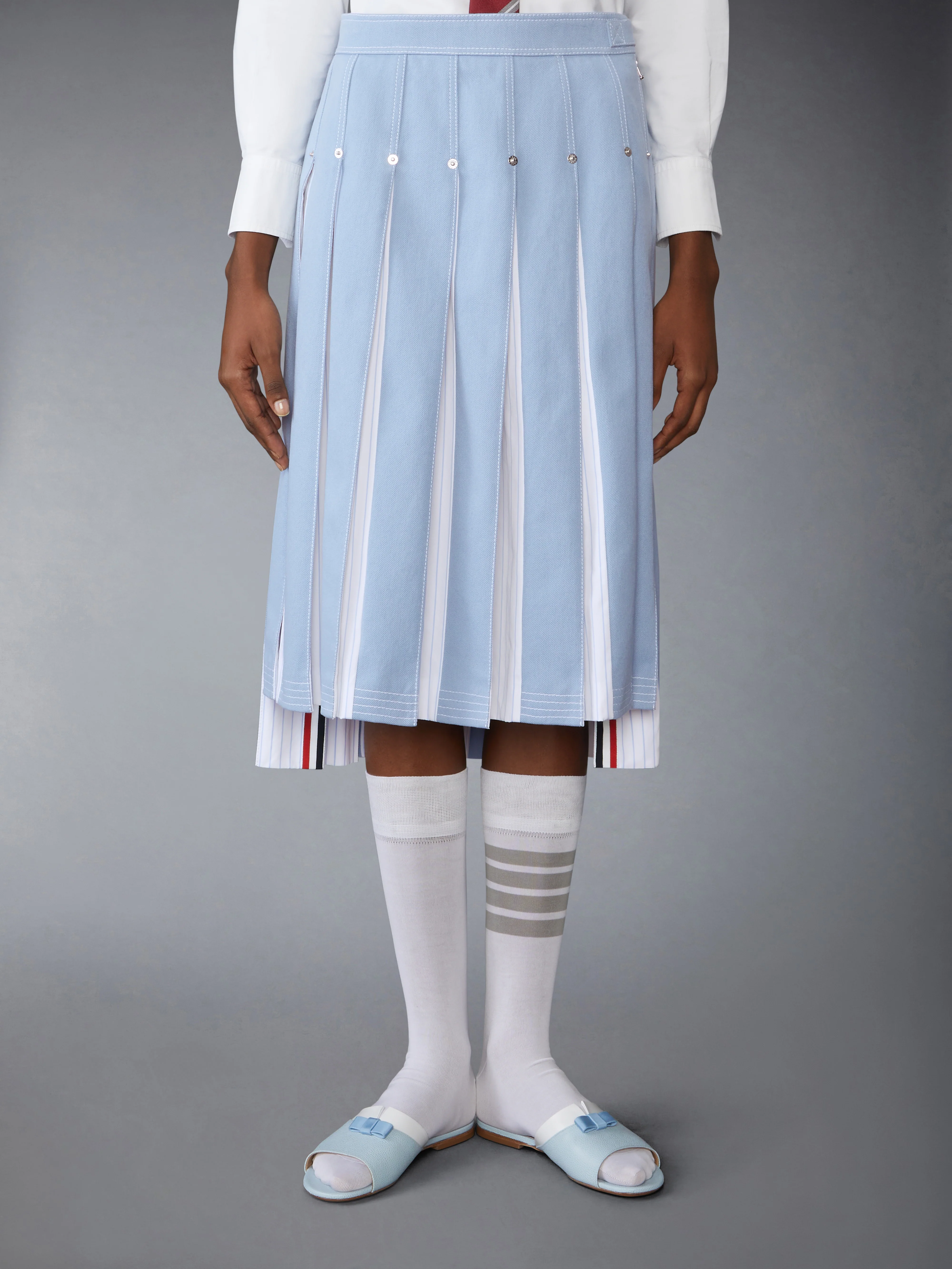 DENIM COMBO DROPPED BACK PLEATED SKIRT