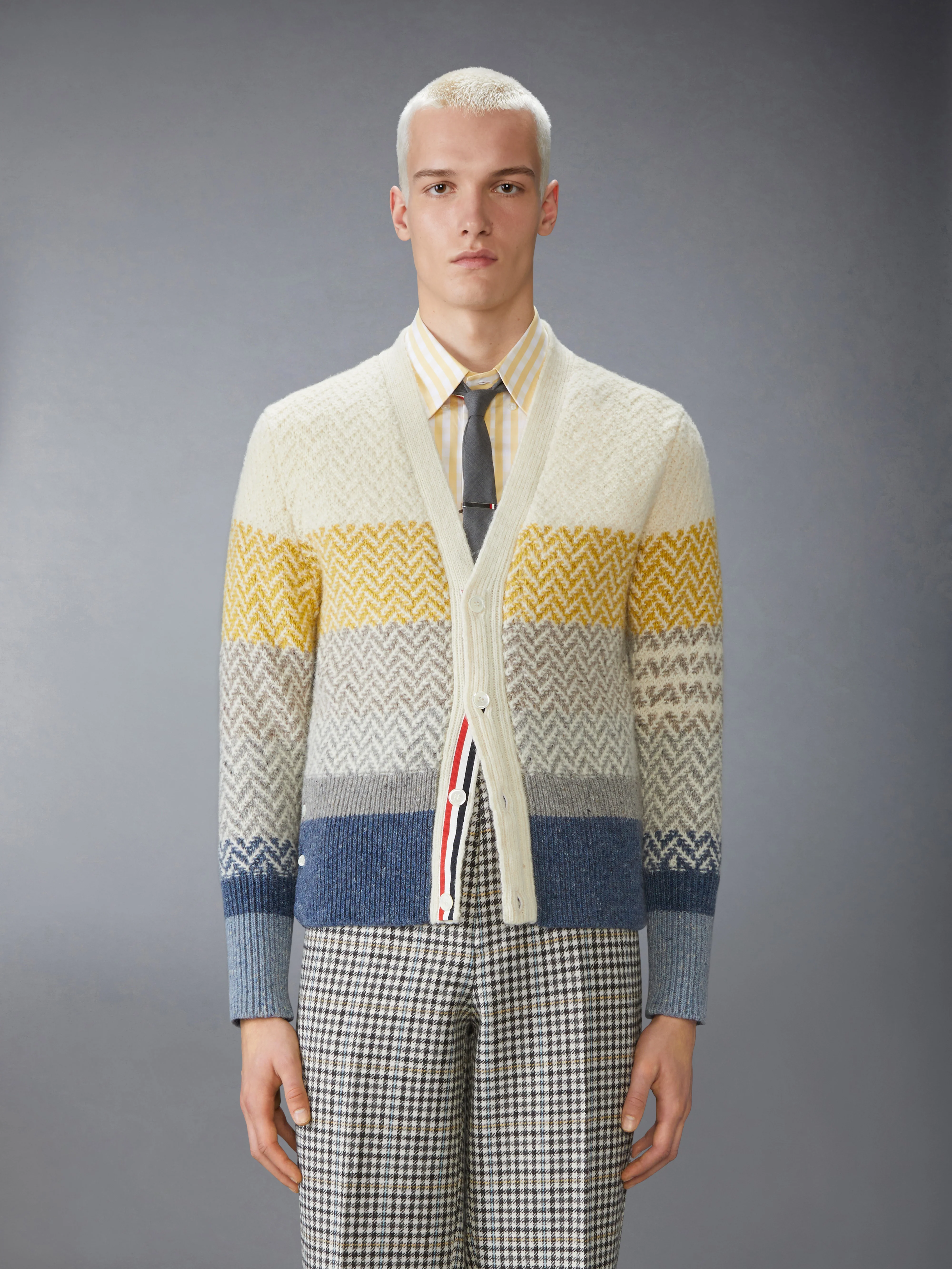 DONEGAL AND CUSHENDALE HERRINGBONE JACQUARD V NECK CARDIGAN