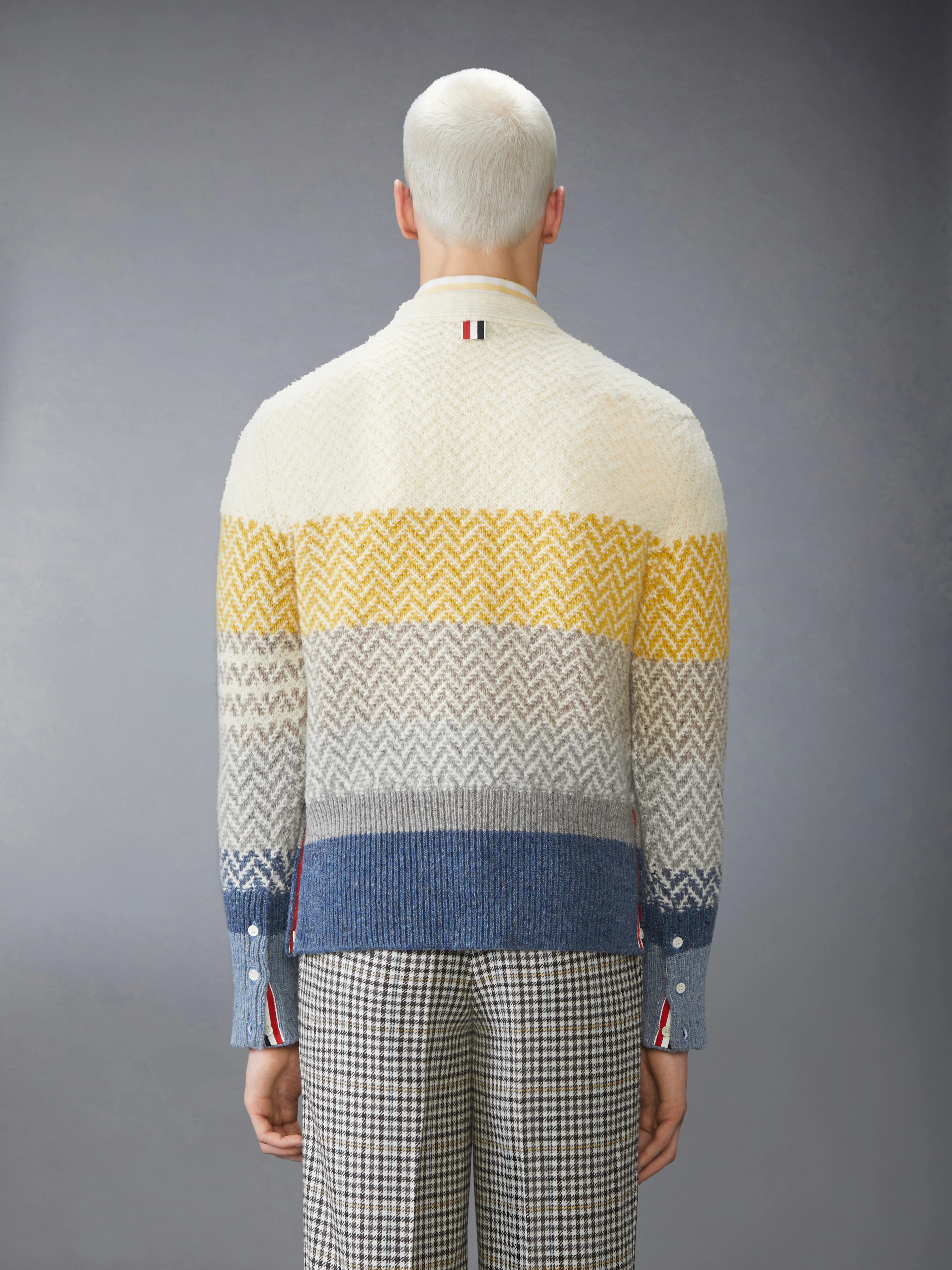 DONEGAL AND CUSHENDALE HERRINGBONE JACQUARD V NECK CARDIGAN