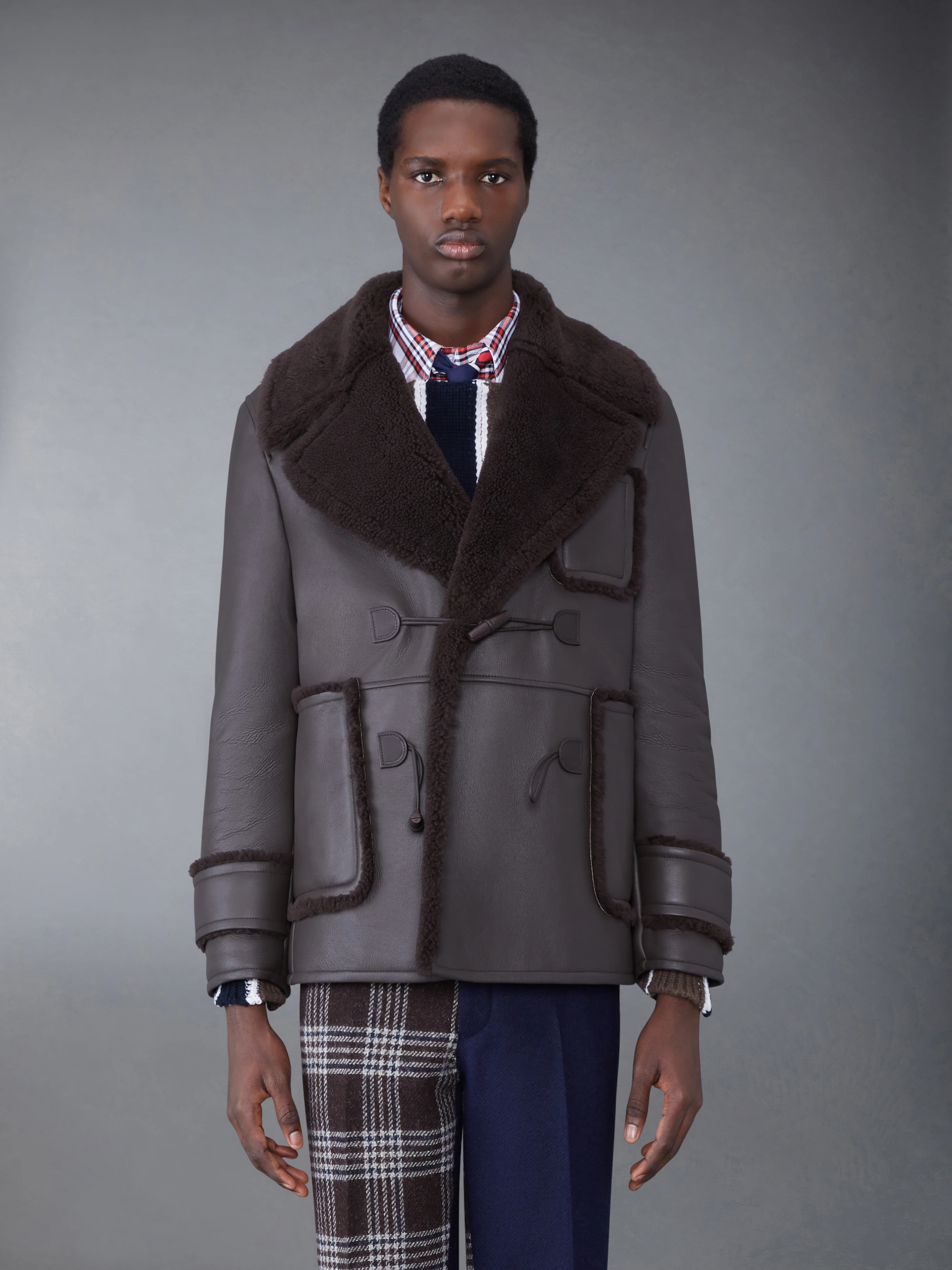 Dyed Shearling Oversized Collar Pea Coat