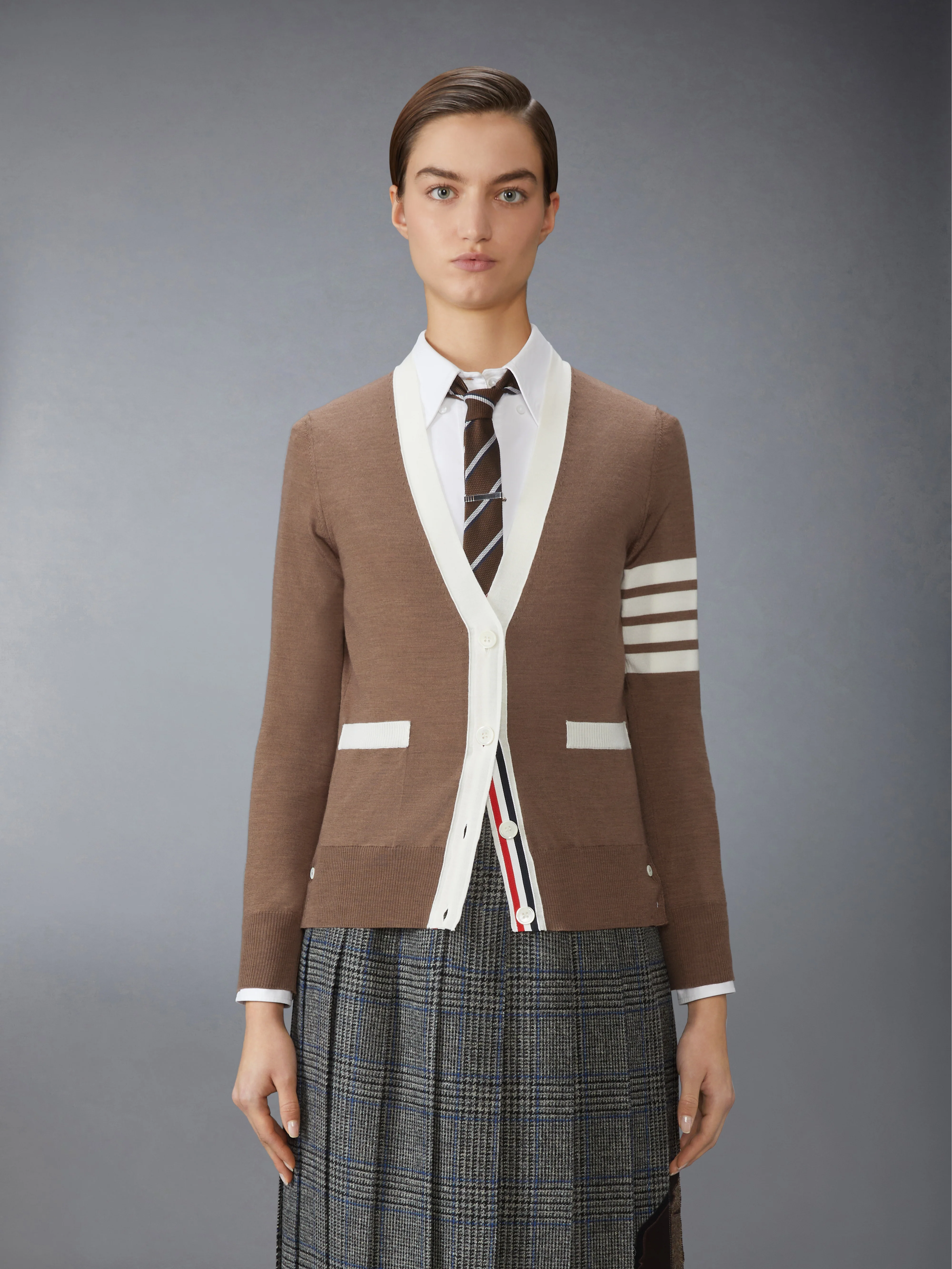 FINE MERINO WOOL 4-BAR V NECK CARDIGAN