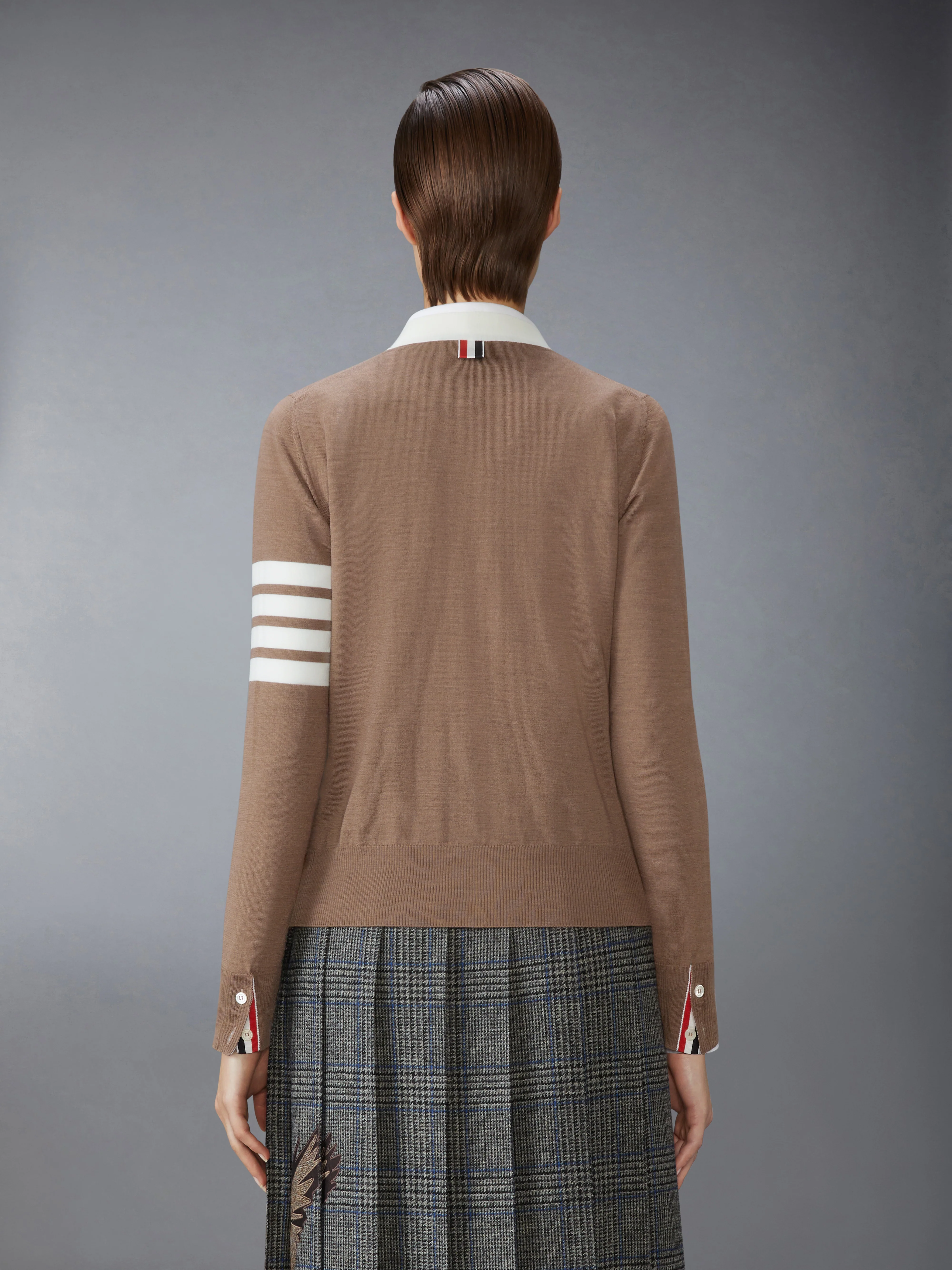FINE MERINO WOOL 4-BAR V NECK CARDIGAN