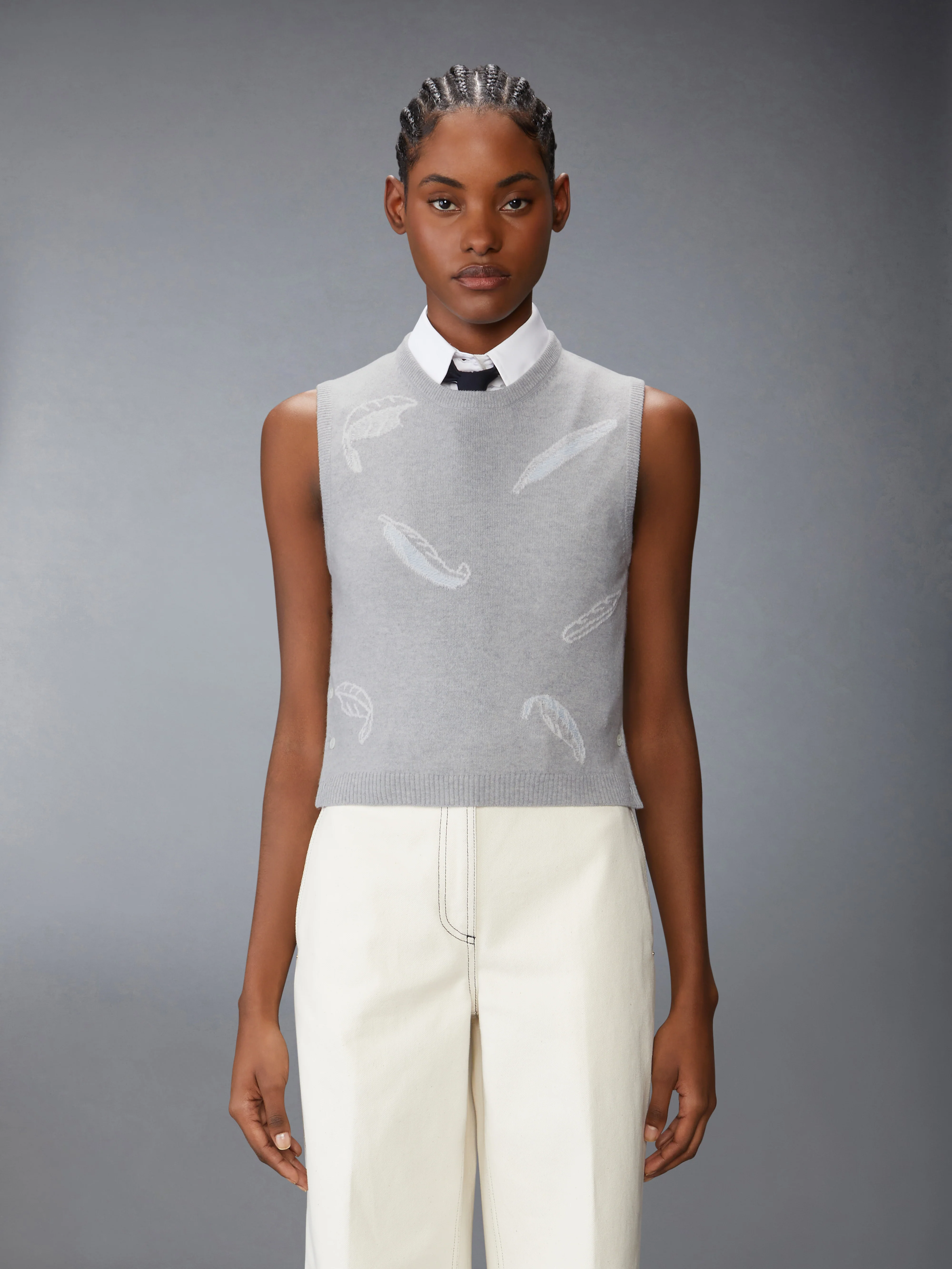 FEATHER INTARSIA CASHMERE CROPPED SHELL TOP